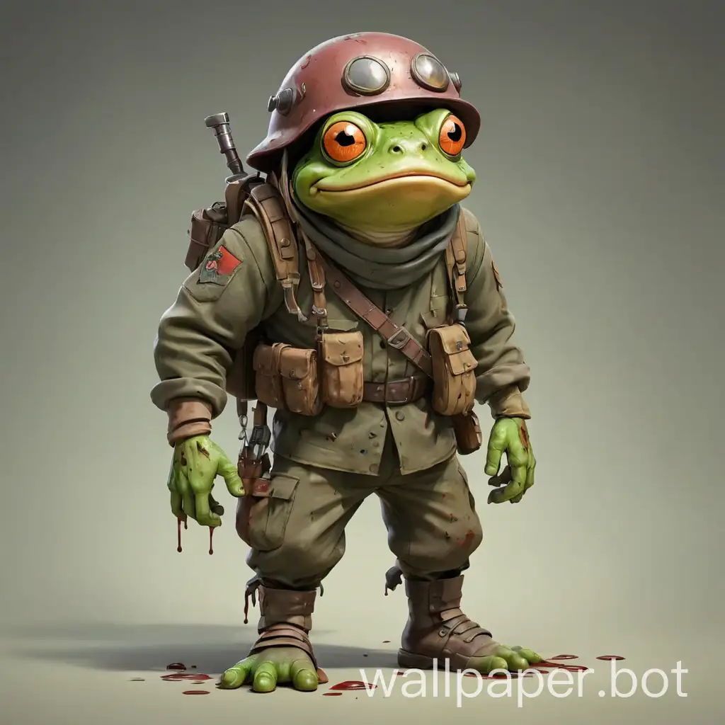 A zombie frog in cartoon style, full body, soldier grimy clothes with boots and helmet, with clear background
