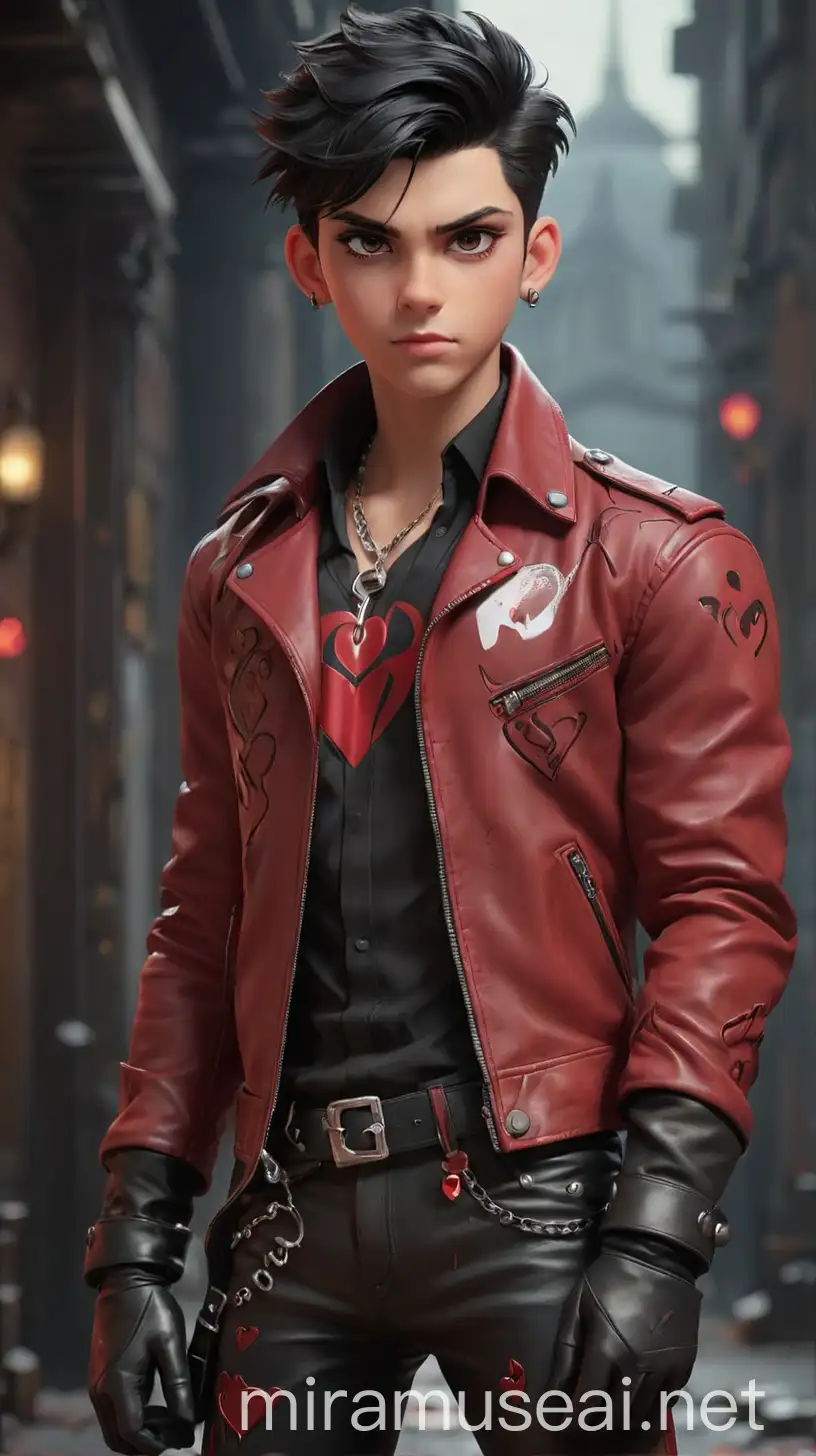 A Teenage Boy with a commanding presence with his tall, muscular frame and chiseled features. His hair is a rich jet black, styled in a modern undercut with crimson red streaks running through it, adding a bold contrast to his dark locks. His piercing gaze is framed by thick lashes and intense crimson eyes, hinting at his fiery personality. His outfit reflects a fusion of dark Y2K, princecore, and lovecore elements, showcasing his royal lineage and edgy style. He wears a tailored red leather jacket adorned with intricate crimson red heart-shaped motifs, symbolizing his connection to the Queen of Hearts and a black hood with silver studs. Underneath, he sports a crisp white shirt with rosy pink accents peeking out from the cuffs, adding a touch of romantic flair and heart symbols all over the shirt. His lower half is clad in form-fitting black leather pants with heart emblems on the sides, tucked into knee-high crimson red boots with silver heart-shaped buckles, completing his ensemble with a mix of elegance and rebellion. Around his neck, he wears a pendant fashioned in the shape of a heart, encrusted with rubies and suspended from a silver chain, a subtle nod to his royal heritage. His accessories include leather gloves with crimson red stitching and silver heart-shaped clasps, adding a touch of sophistication to his ensemble. His makeup is subtle yet impactful, with smoky eyeliner highlighting his intense gaze and a hint of rosy pink lip balm enhancing his lips. Overall, The Teenage Boy exudes confidence and charisma, blending elements of darkness, romance, and royalty in his unique sense of style. 