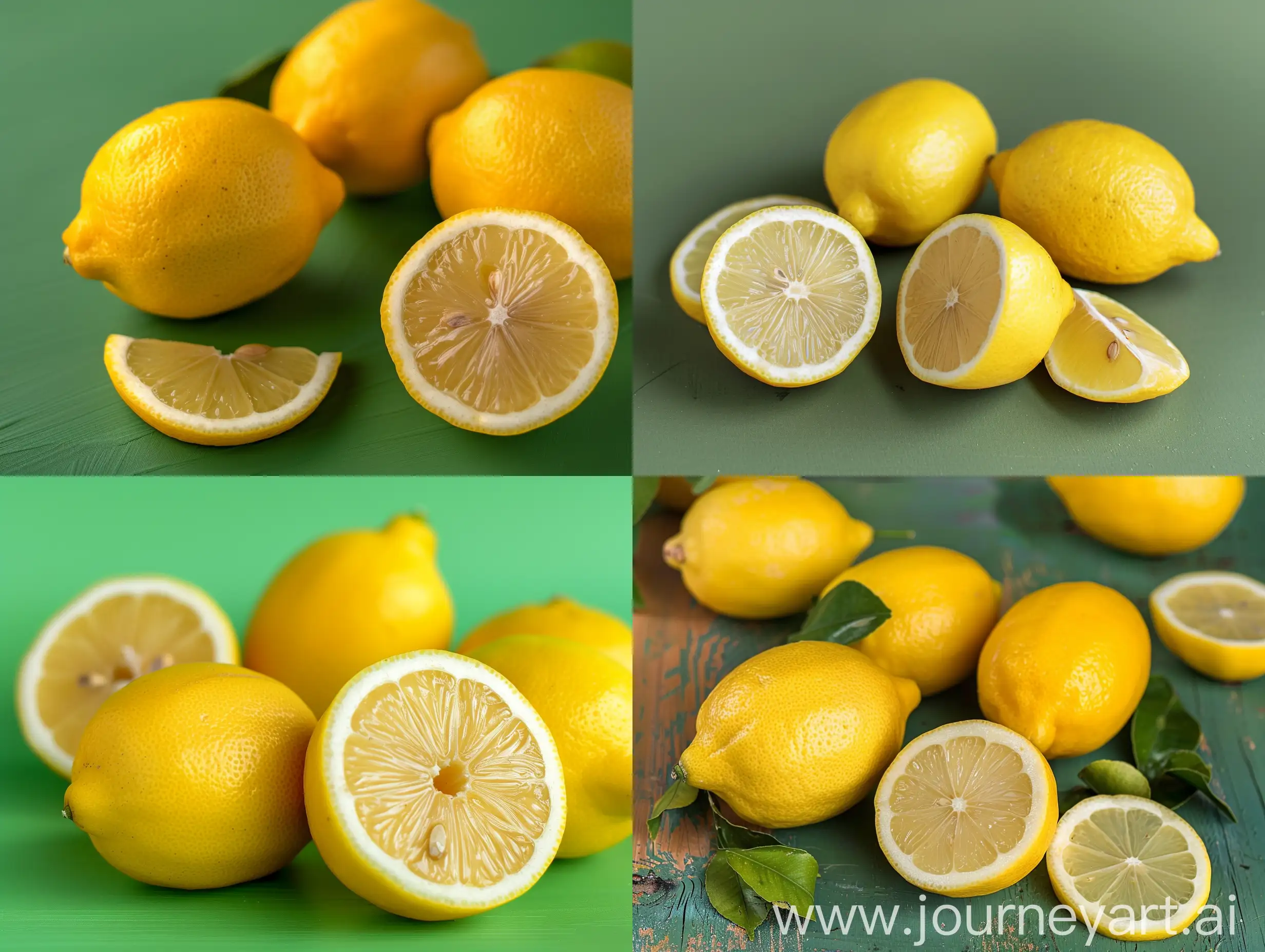 Real photo of some lemons on a green background