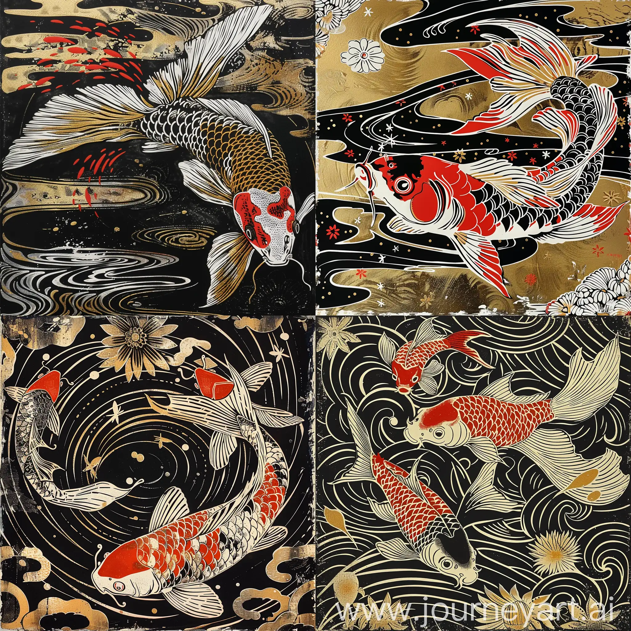 Japanese butterfly koi linocut print with ornate patterns and fine line textures, dynamic composition, black, gold, white, red