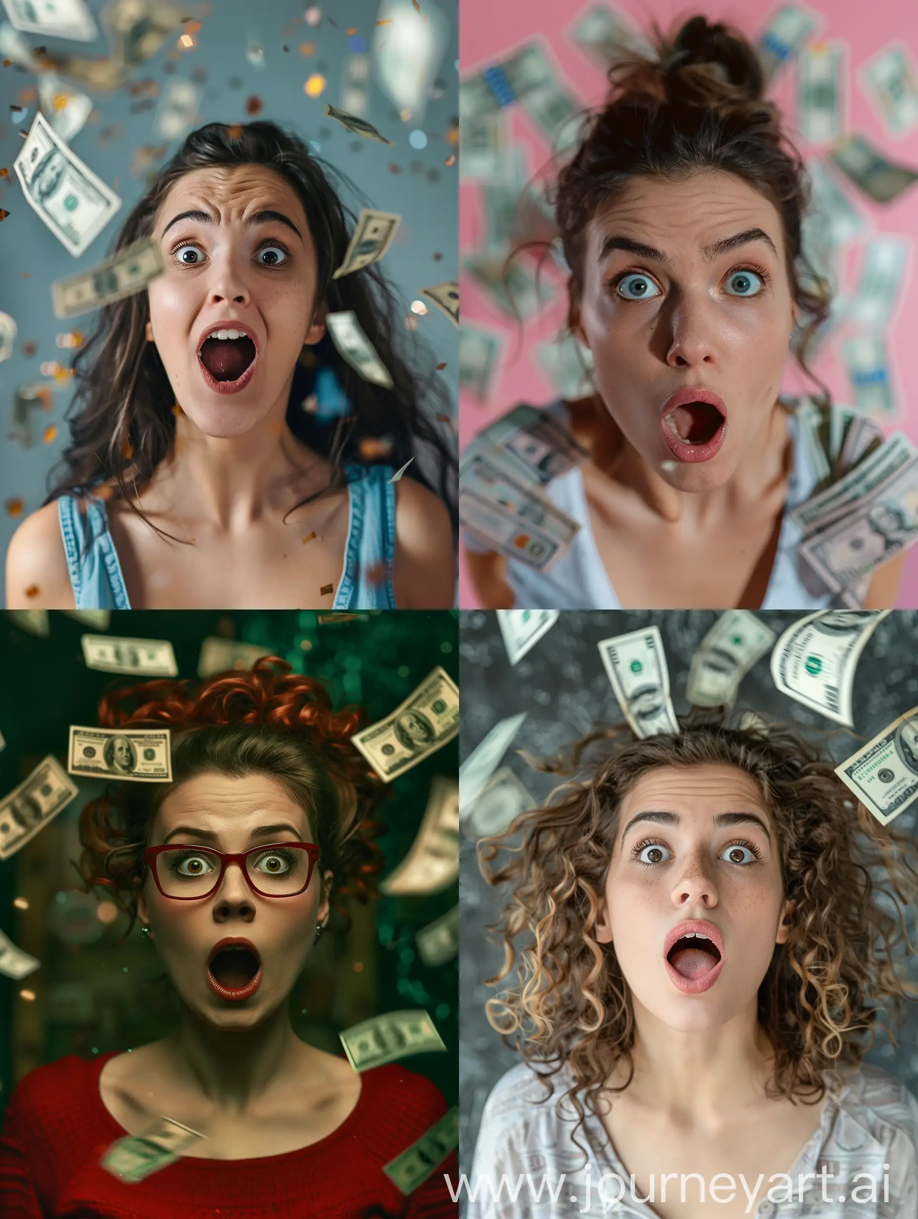 a woman with a surprised face, some money notes falling, 32k, UHD