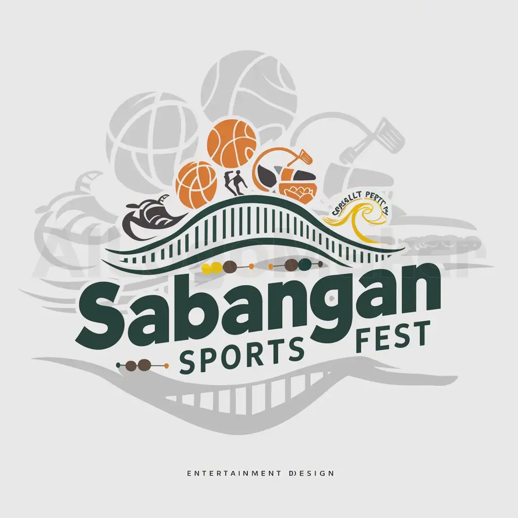 a logo design,with the text "sabangan sports fest", main symbol:sports like basketball, volleyball, cook fest, beauty pageant, with bridge.,Moderate,be used in Entertainment industry,clear background