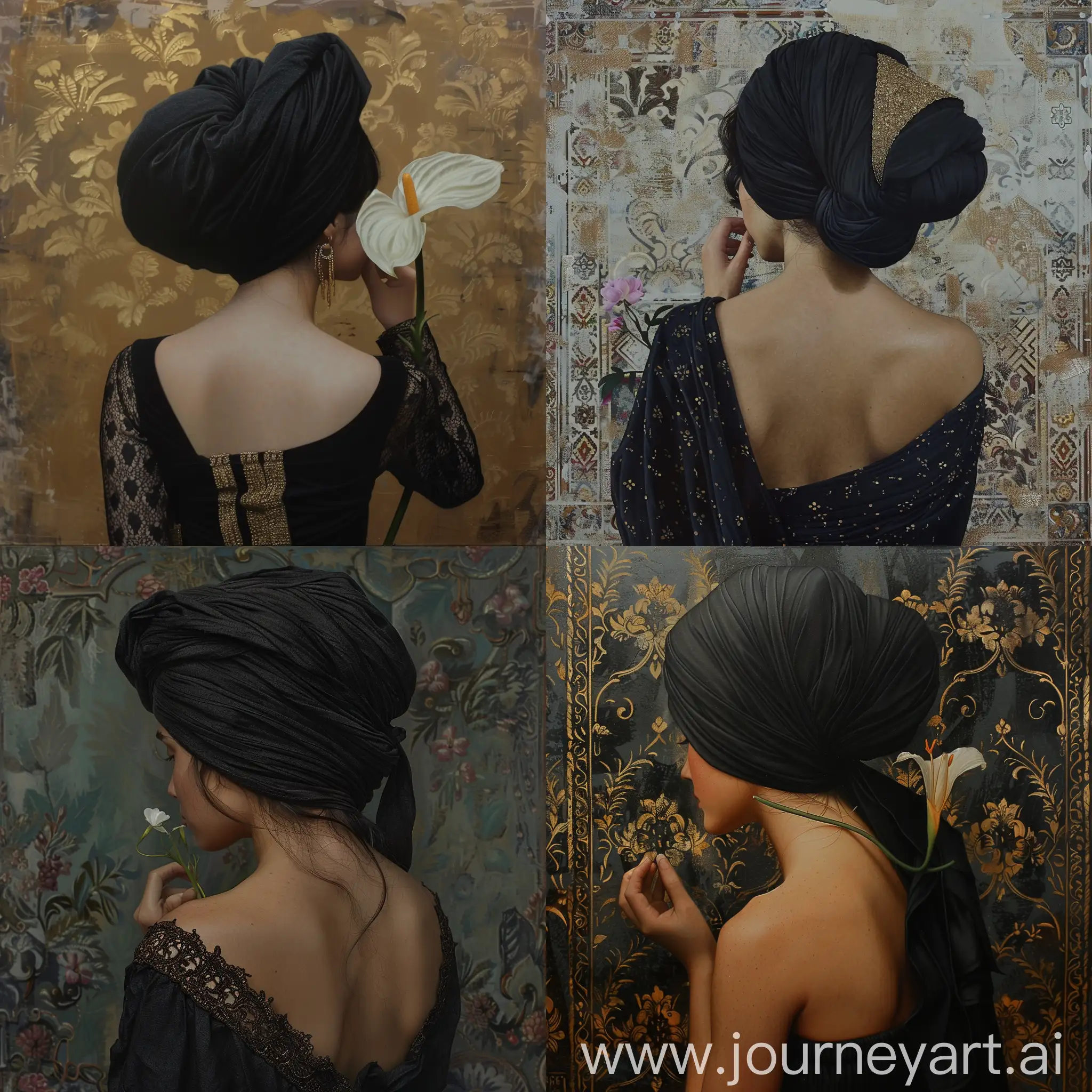 A girl in a black turban, about 25 years old, has her back and is smelling a flower.