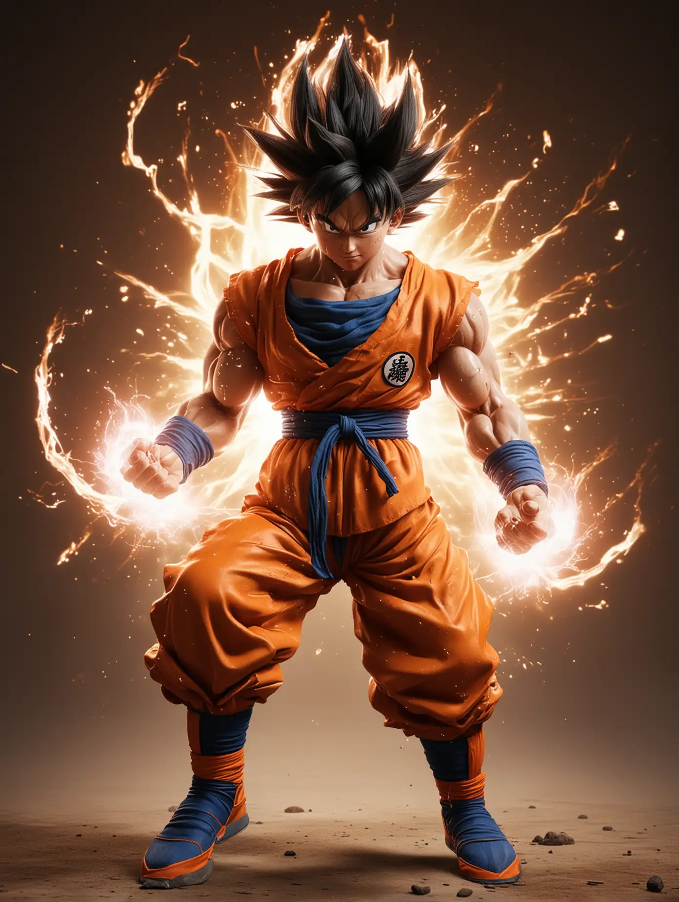 Goku charges energy for Kamehameha attack.3D animation. Film. Realistic. Bright colour.
