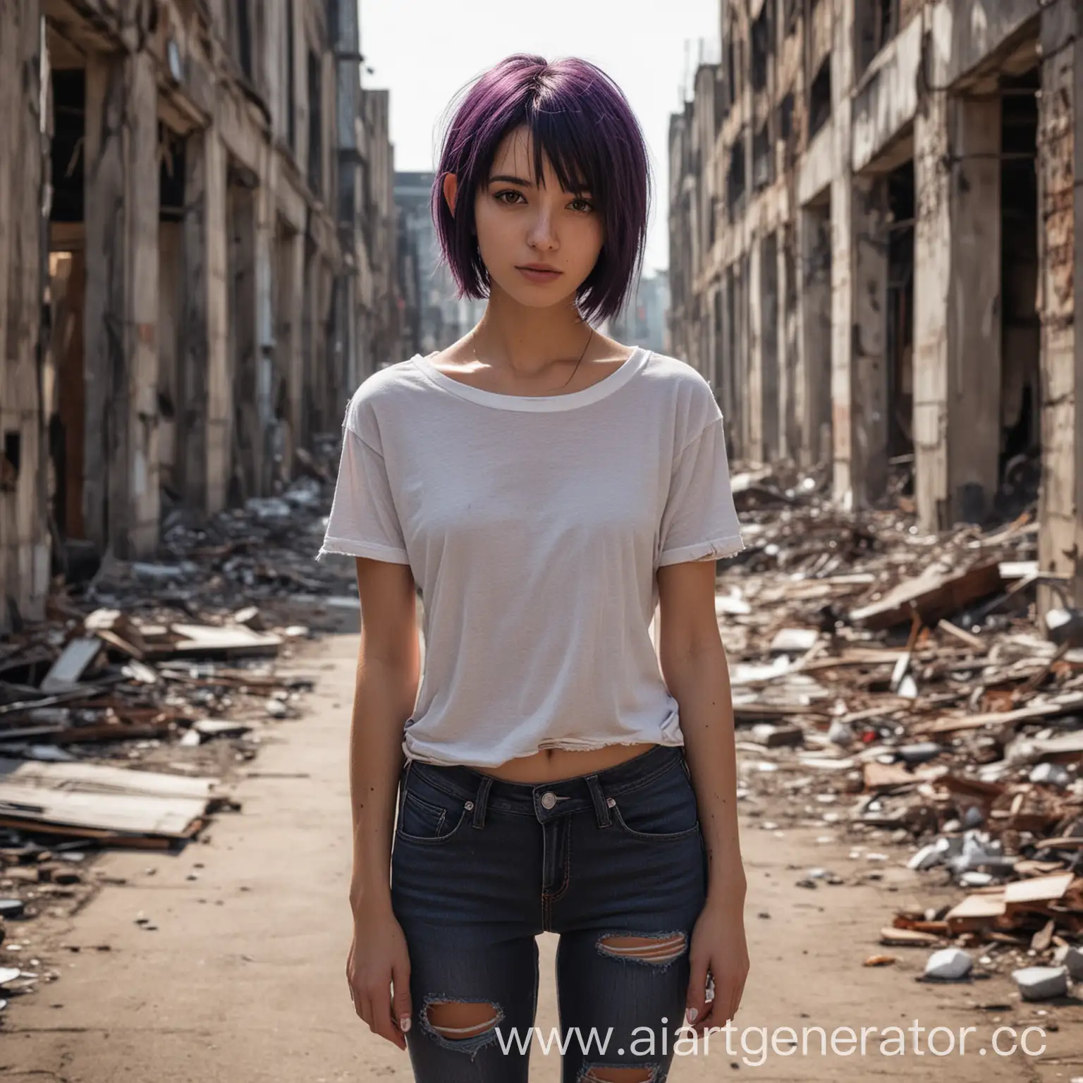 Urban-Fashion-Model-with-Dark-Purple-Hair-Amidst-HalfDestroyed-Cityscape