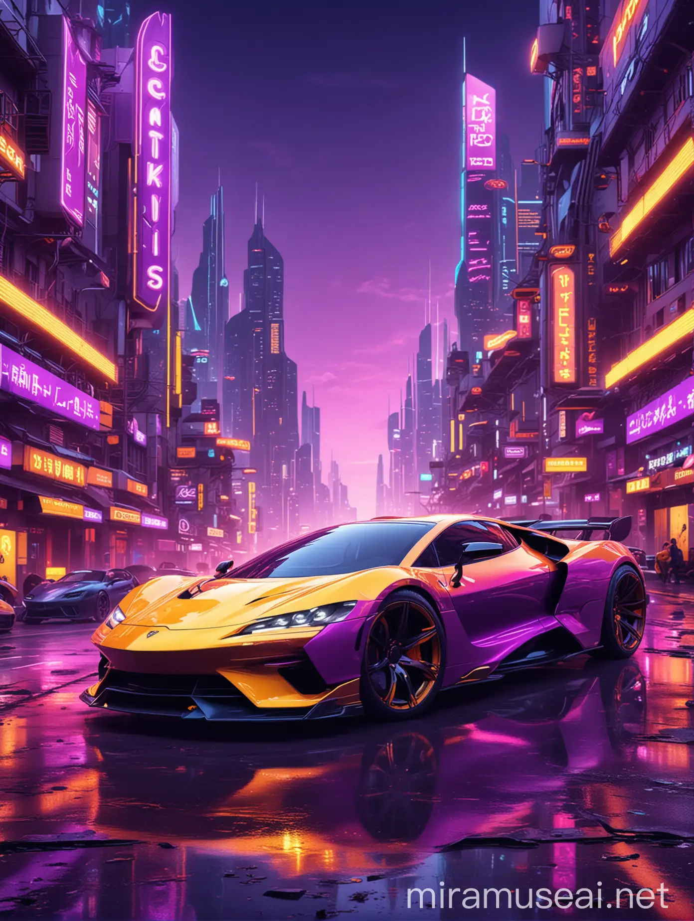 futuristic city with luxury sport cars background, neon style, city purple, futuristic yellow neon