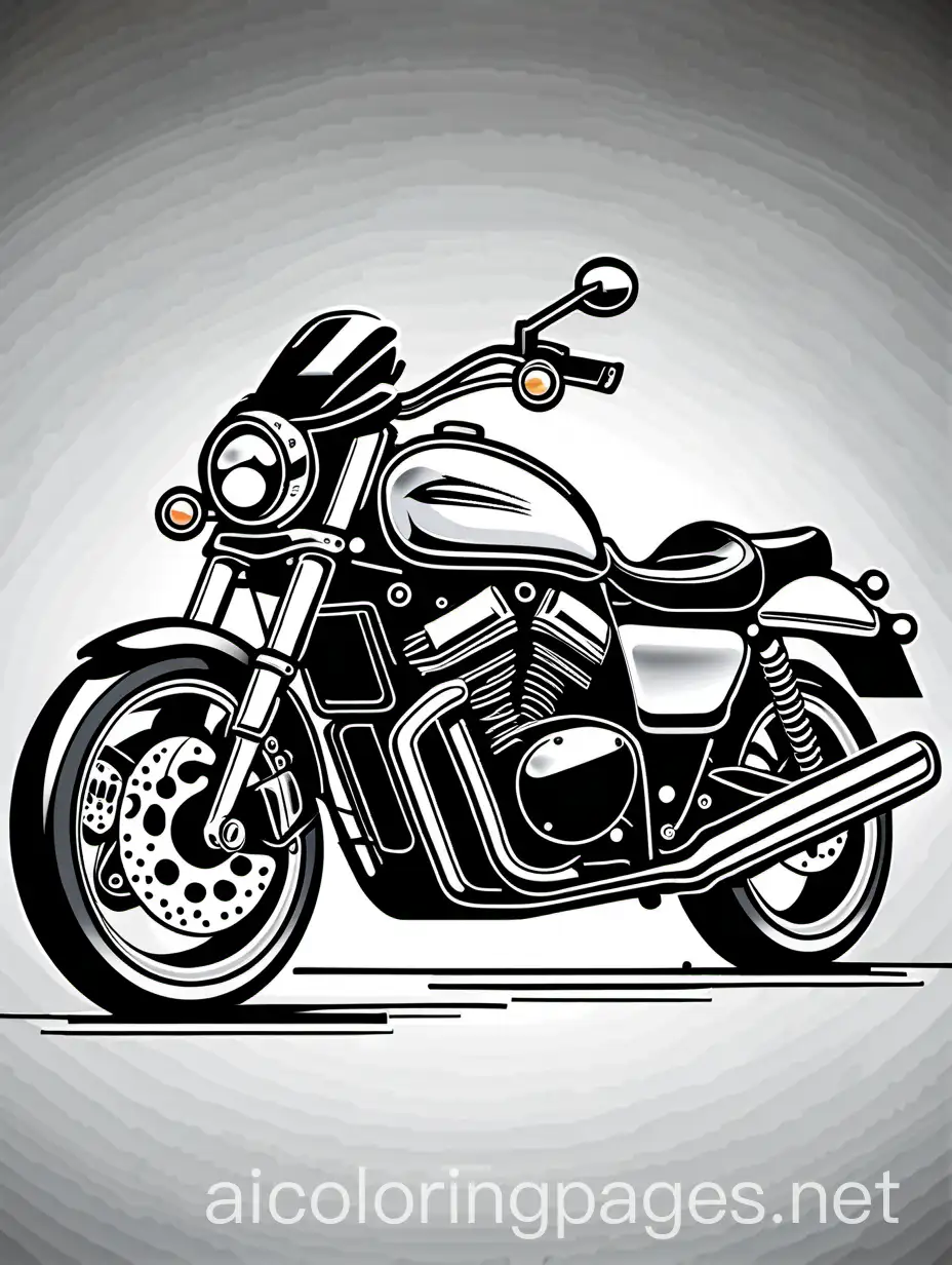 Dynamic sketch of an imposing motorcycle, awaiting vivid colors to enhance its fierce appearance. Emphasize the bold contrast between matte black and chrome elements, ensuring the essence of power and aggression is captured in the final colored rendition, Coloring Page, black and white, line art, white background, Simplicity, Ample White Space. The background of the coloring page is plain white to make it easy for young children to color within the lines. The outlines of all the subjects are easy to distinguish, making it simple for kids to color without too much difficulty, Coloring Page, black and white, line art, white background, Simplicity, Ample White Space. The background of the coloring page is plain white to make it easy for young children to color within the lines. The outlines of all the subjects are easy to distinguish, making it simple for kids to color without too much difficulty