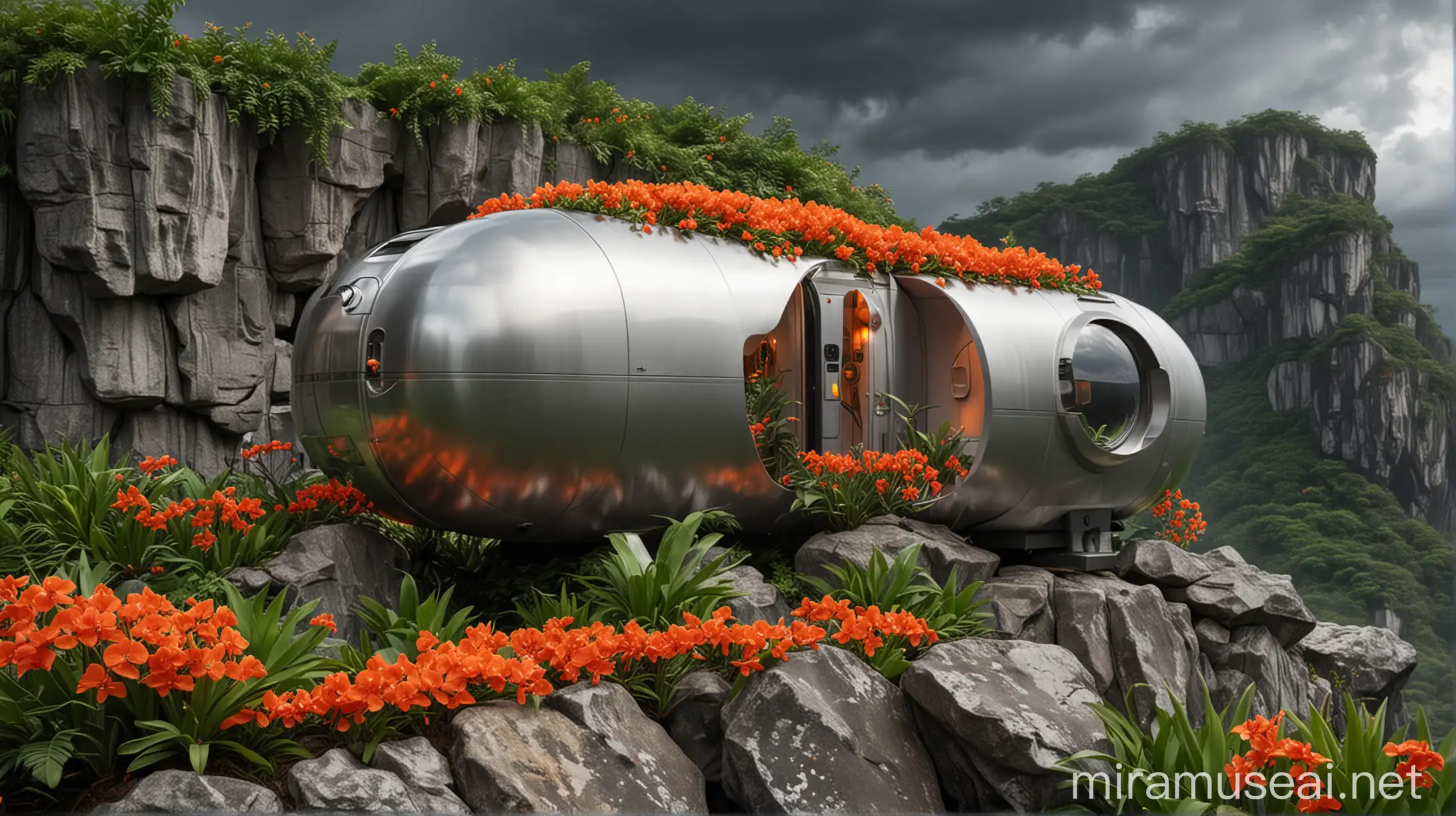 A hyper-realistic, wide-angle shot of a sleek, silver mini capsule house perched on a rocky outcrop, nestled amongst lush green foliage and vibrant orange orchids, with a dramatic, stormy sky in the background.