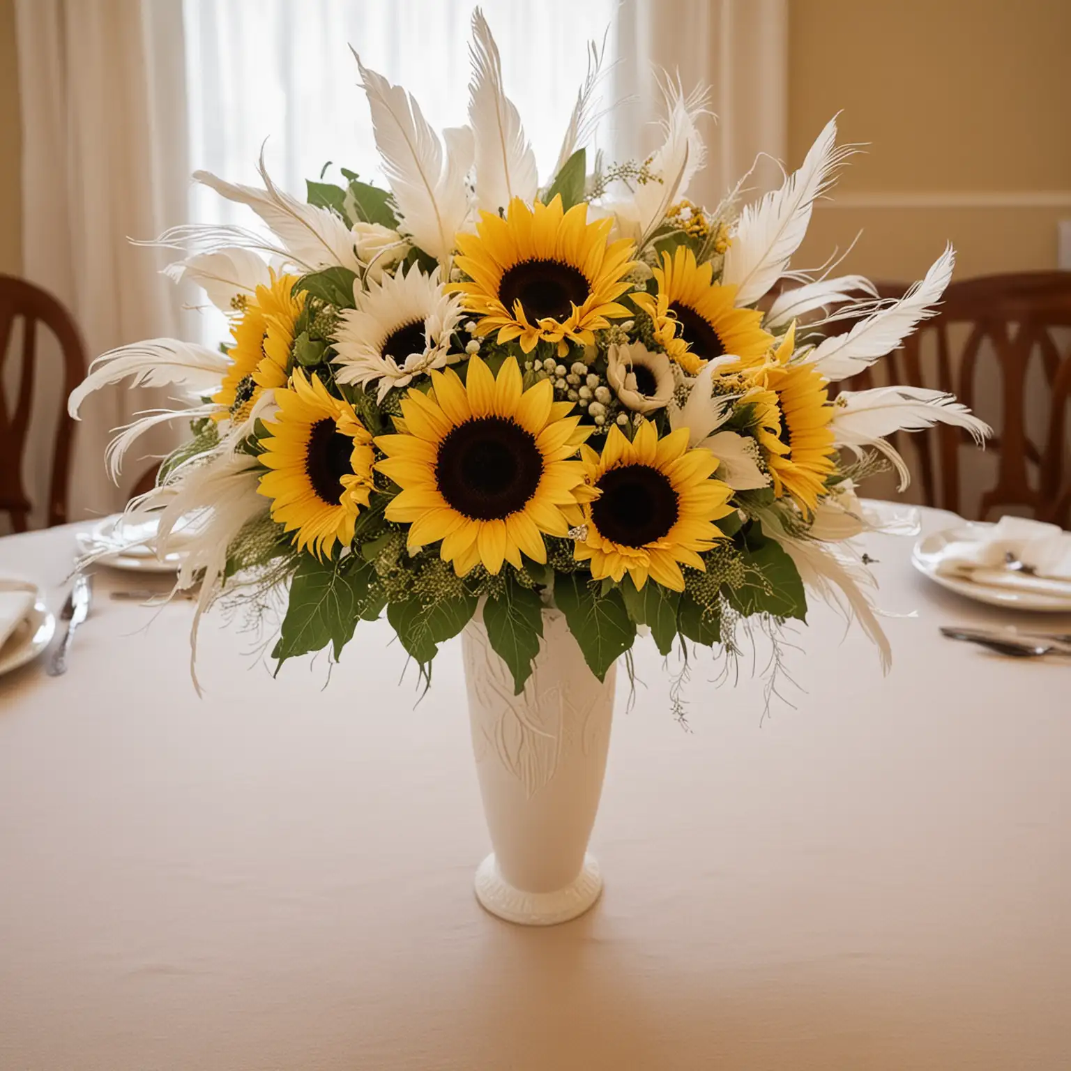 simple elegant wedding centerpiece with sunflowers and ivory feather embellishments in matching ivory vase