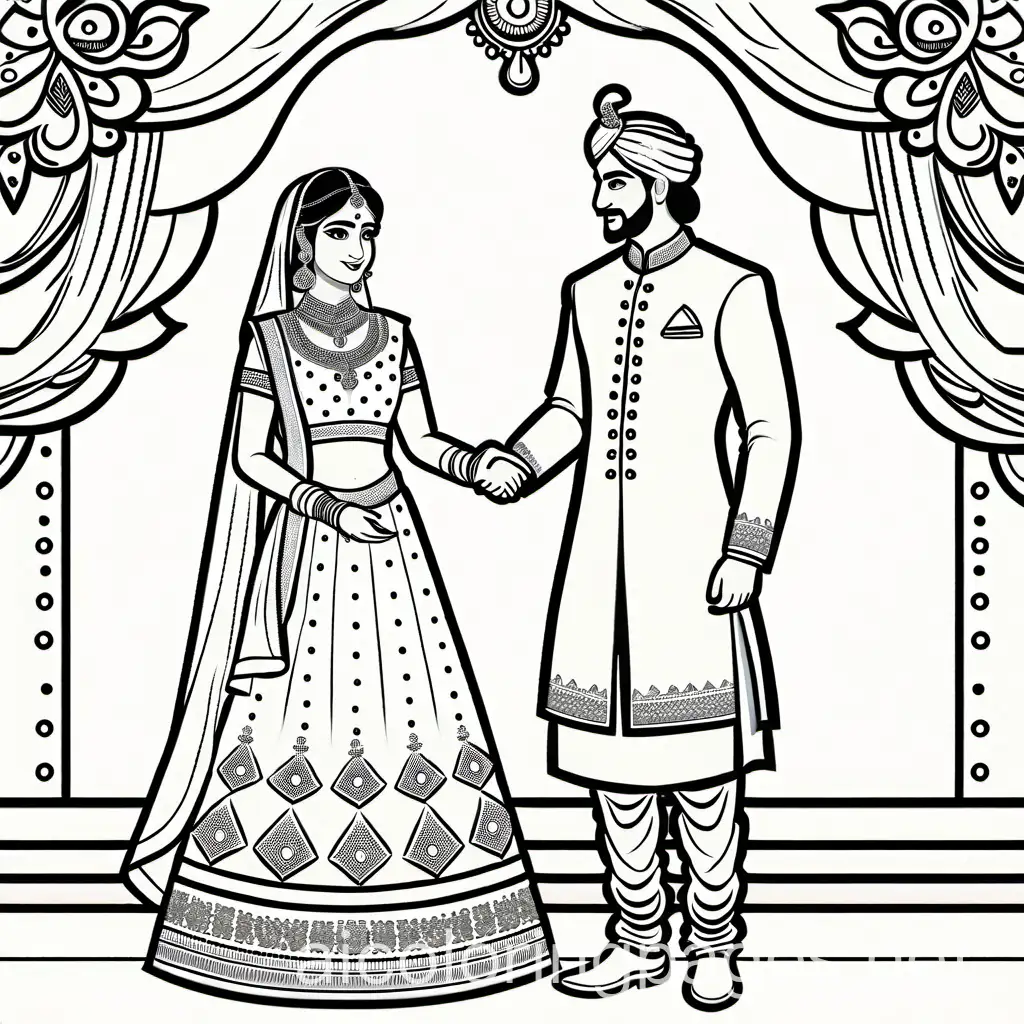 Wedding lengha sherwani bride and groom background decoration. For young children, Coloring Page, black and white, line art, white background, Simplicity, Ample White Space. The background of the coloring page is plain white to make it easy for young children to color within the lines. The outlines of all the subjects are easy to distinguish, making it simple for kids to color without too much difficulty