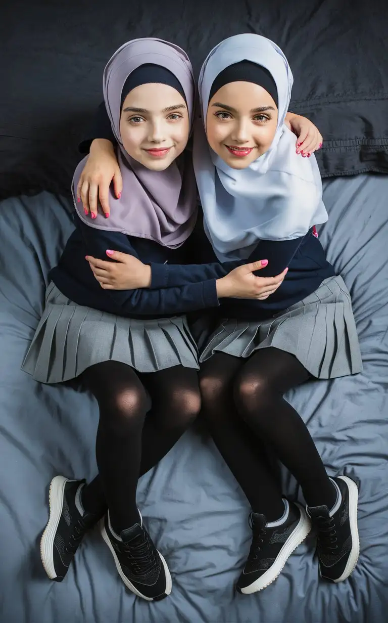 2 little porcelain skin girl.  14 years old. They wear a modern hijab, school skirt, black opaque tights, sport shoes.
They are beautiful. They cross legged on the bed. well-groomed, turkish, quality face, plump lips.
Bird's eye view, top view, cool face, hugs. nail polish. 
Plump hip, plump chest