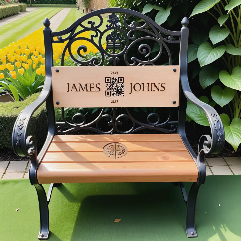 A wooden garden seat with wrought iron arms, in a lovely garden. On the back of the chair, is a rectangular metal plaque printed with the name - JAMES JOHNS - on it .  Next to the name on the back of the chair is a QR code.  Both the name and the QR code are side by side on the metal plaque, which is screwed into the back of the seat.
The seat of the chair, is just plain wood, 
with NO WRITING AT ALL ON THE SEAT