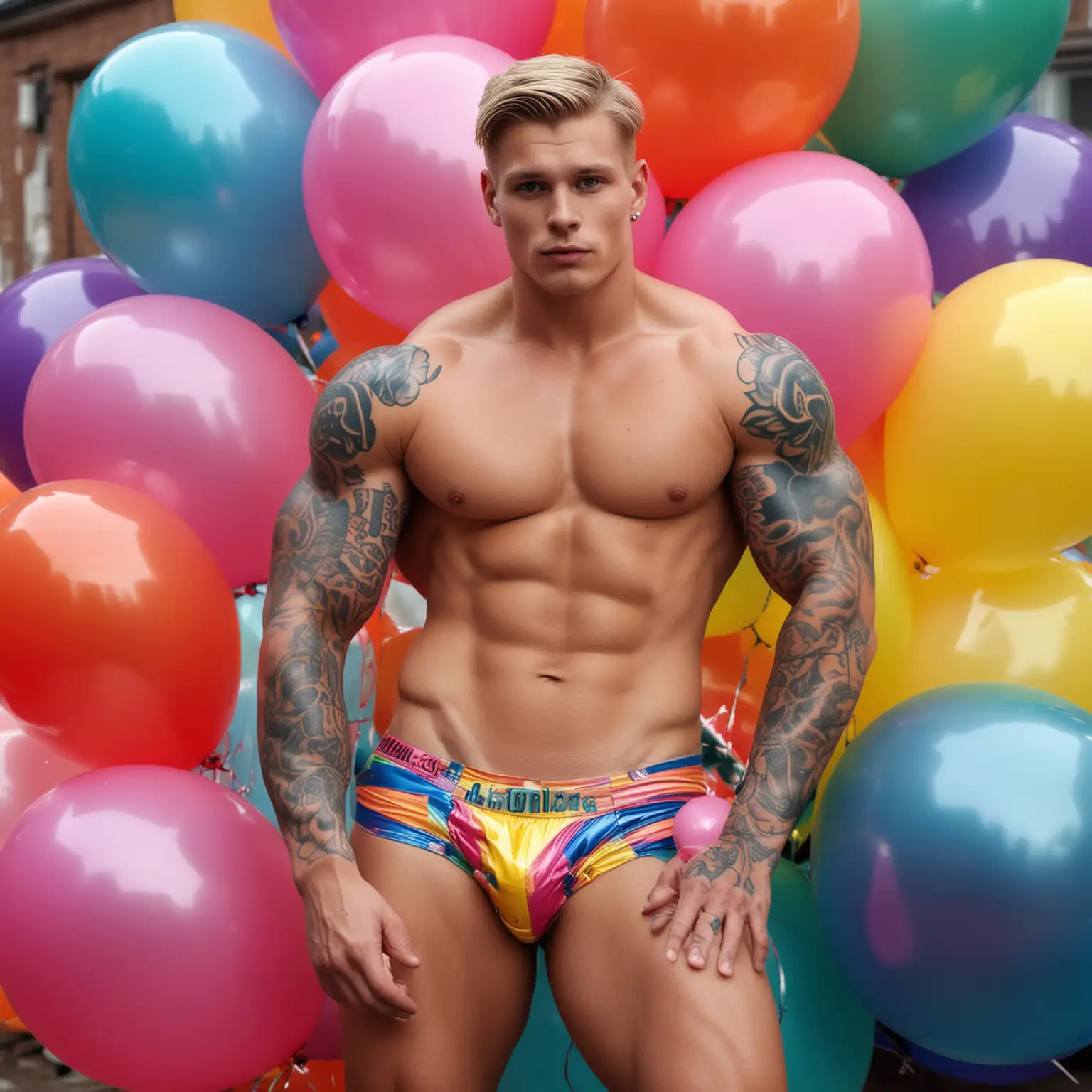 Sexy muscle young finnish man wearing a tight shiny colorful slip. The man has a giant bulge in its slip. The man is outside. The man has very big arms and very big shoulders. The is surronded by giant balloons of different colours. The man has tattoos. The man has a big hardon in its slip.