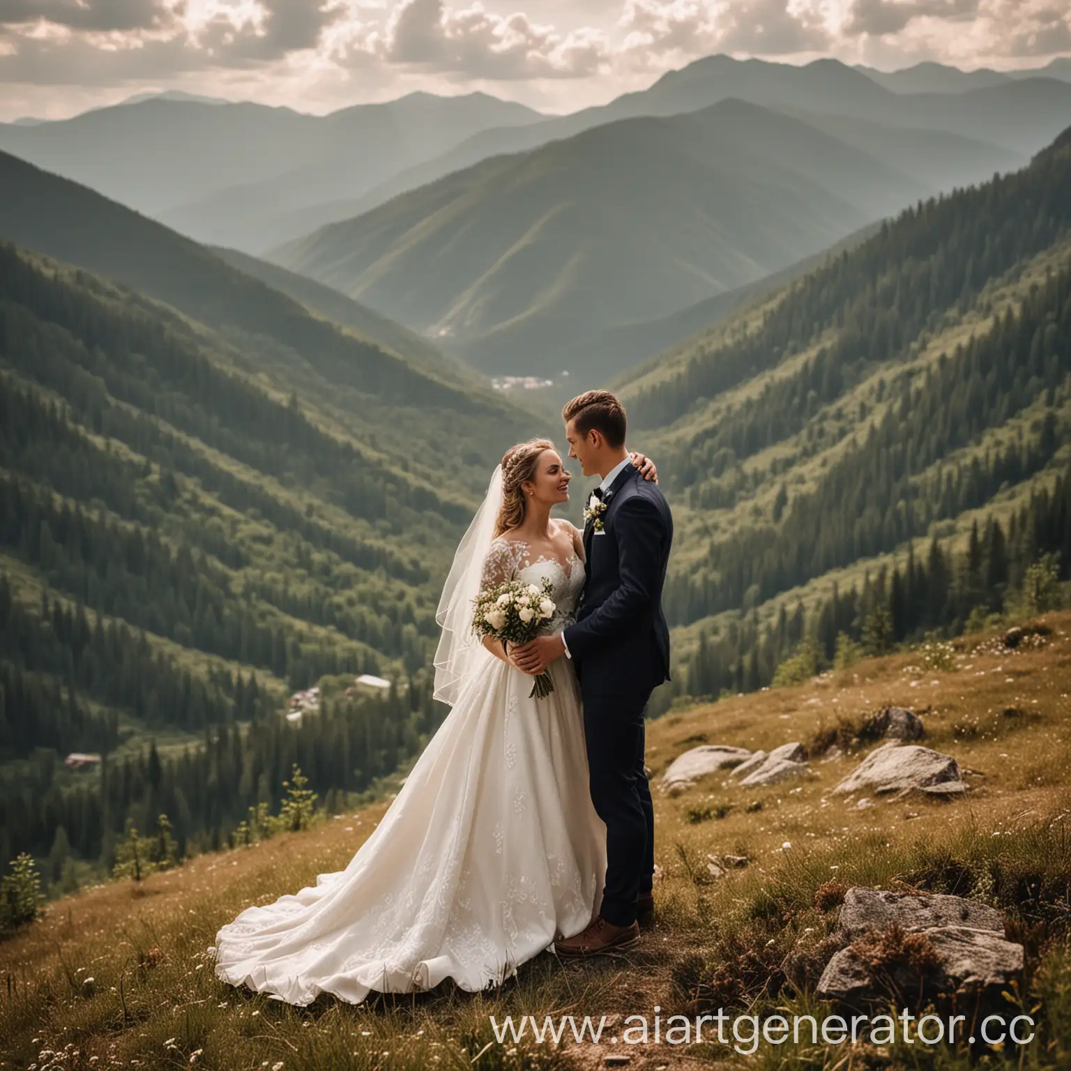 Newlyweds-Embracing-in-Majestic-Mountain-Landscape