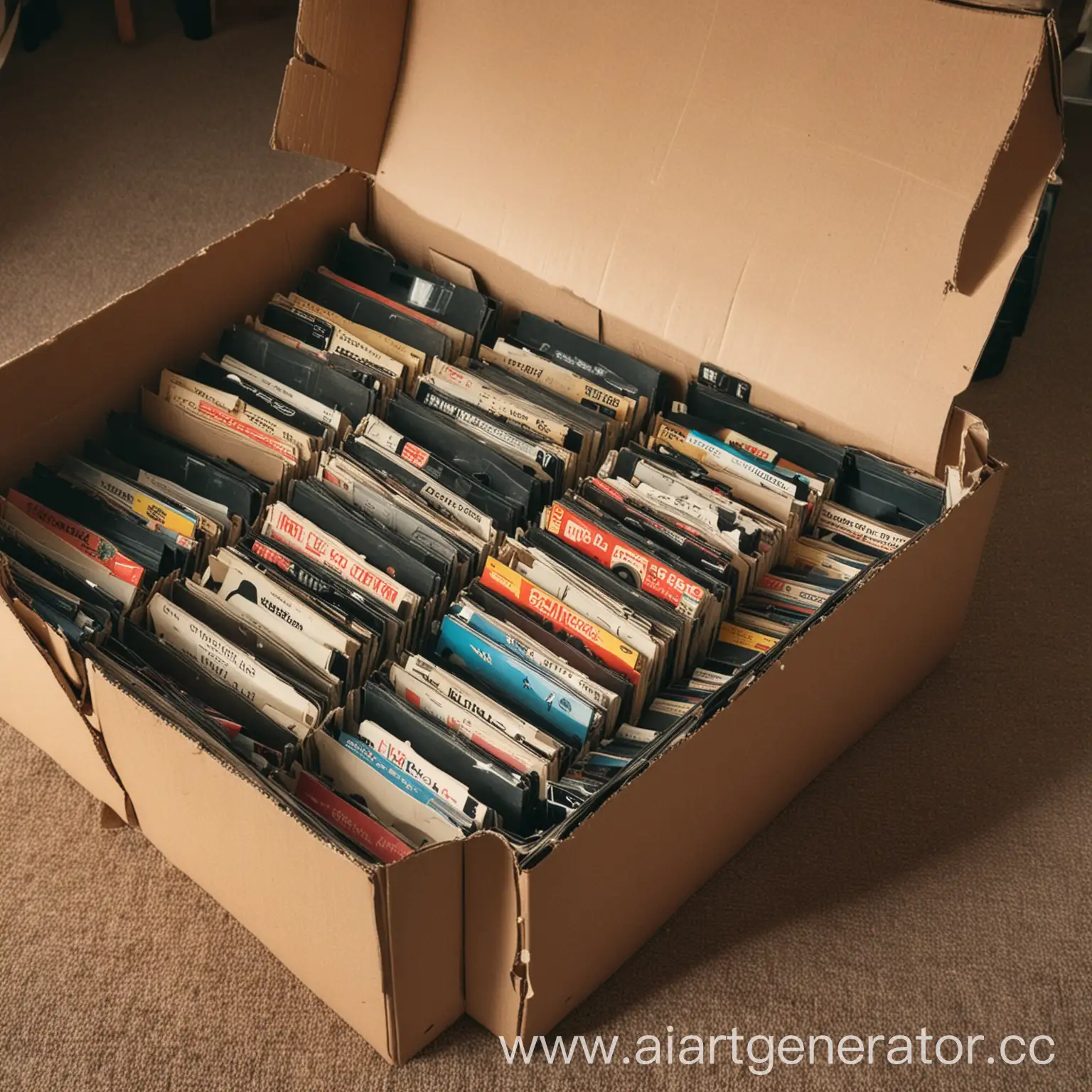 старая картонная коробка полная VHS кассет
