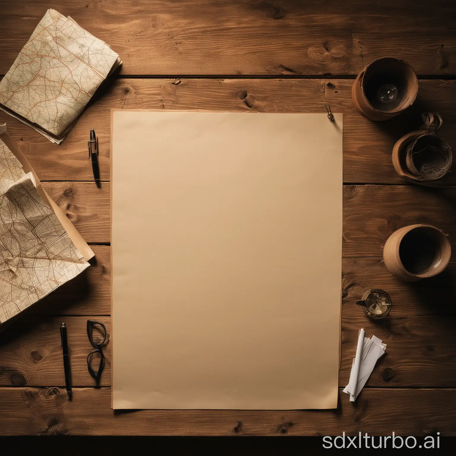 dim light, grim light, overhead view, wooden desk with a blank sheet of paper on it, blank sheet of paper, maps, writing utensils