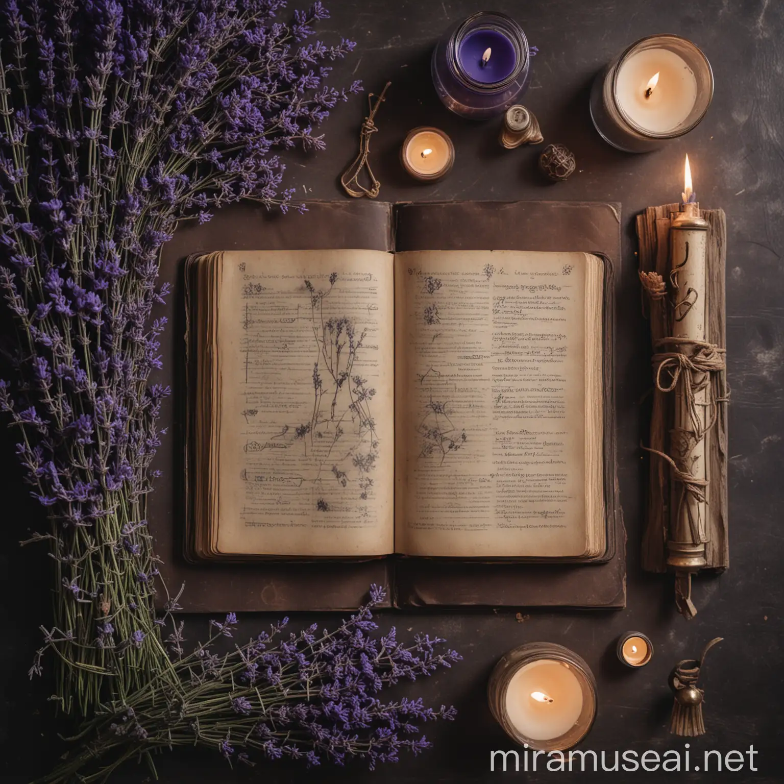 Witchcraft Essentials Open Grimoire Surrounded by Lavender and Candle
