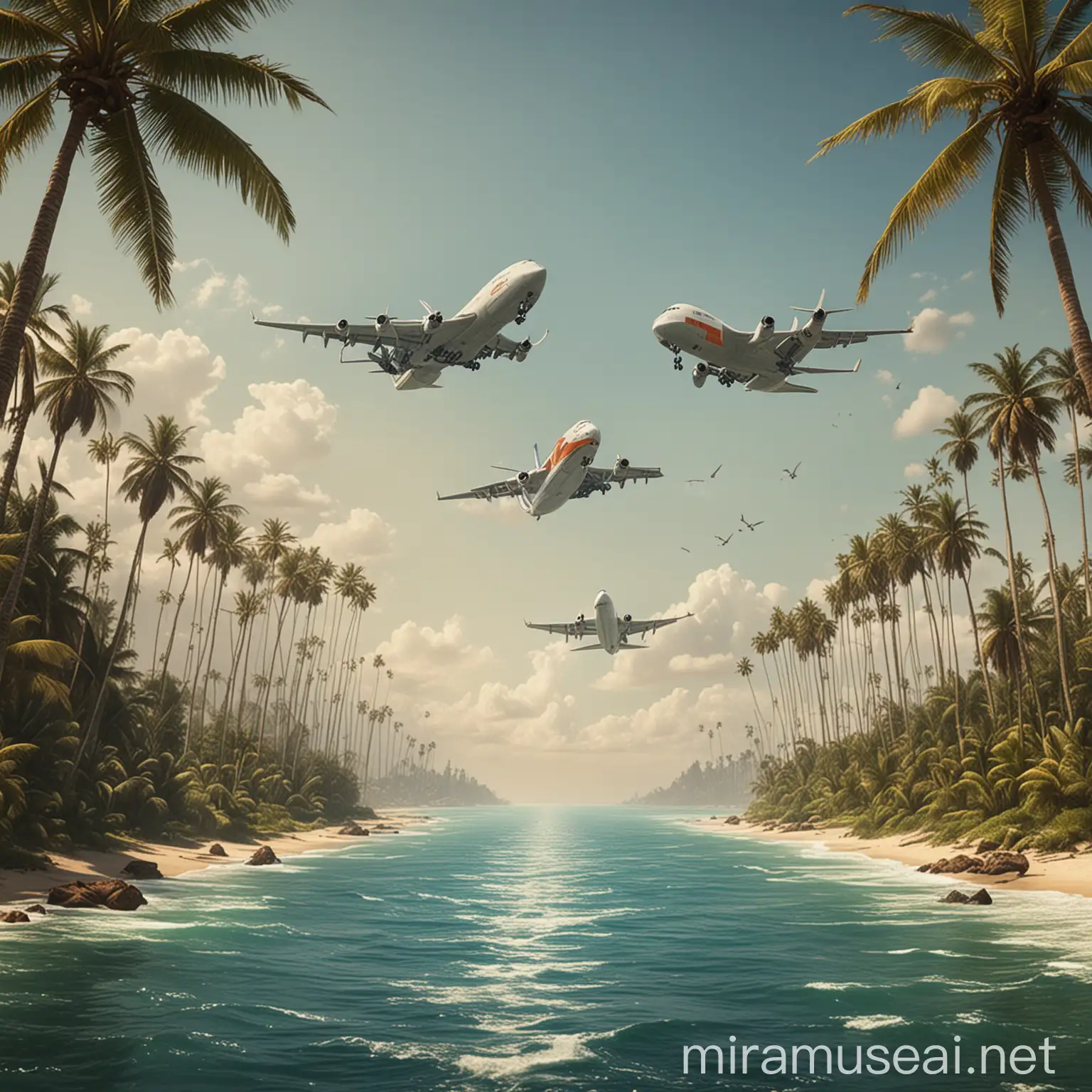 Flying Cargo Ships Transporting Palm Trees