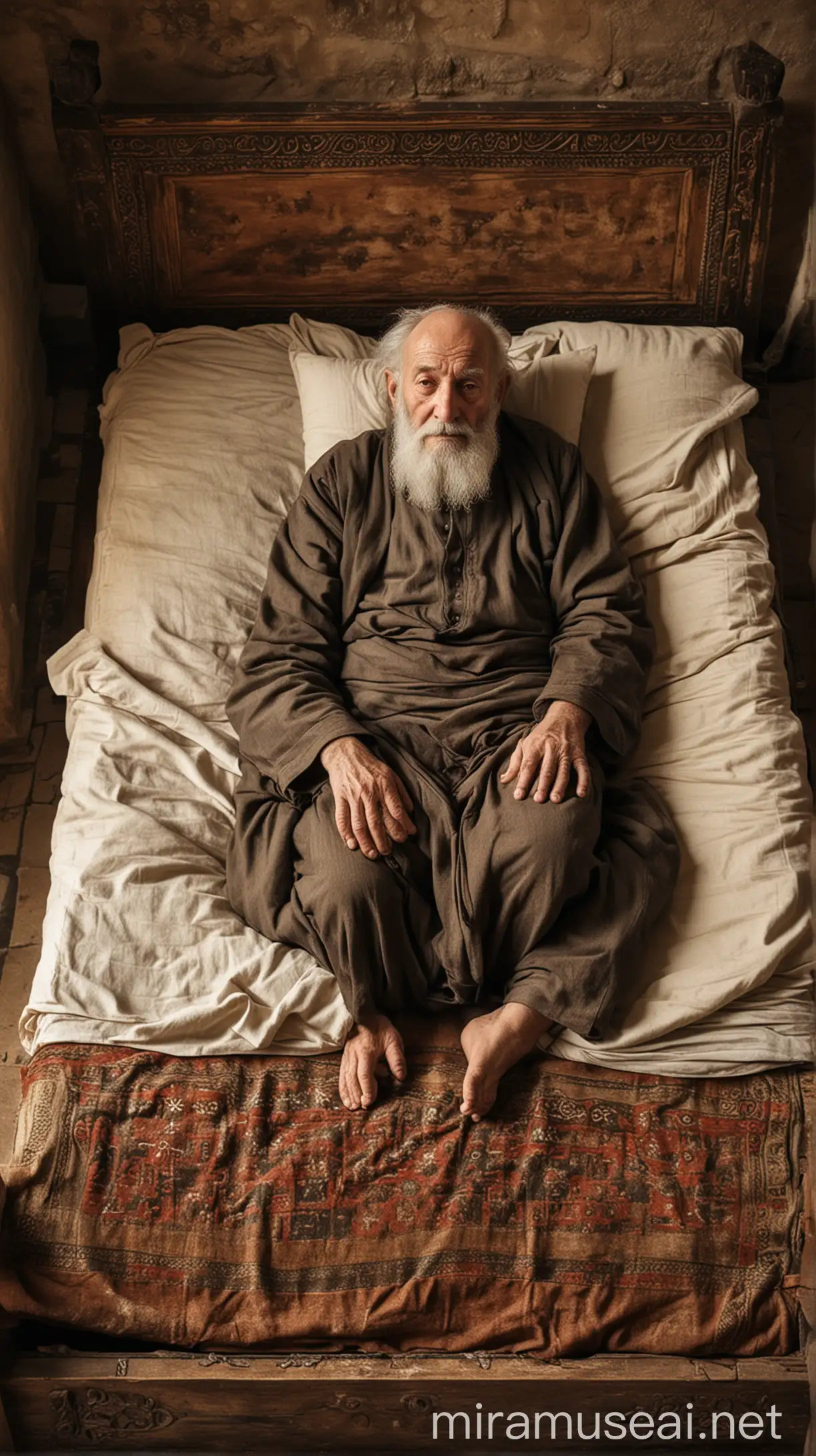 Elderly Jewish Man Resting on a Historic Bed