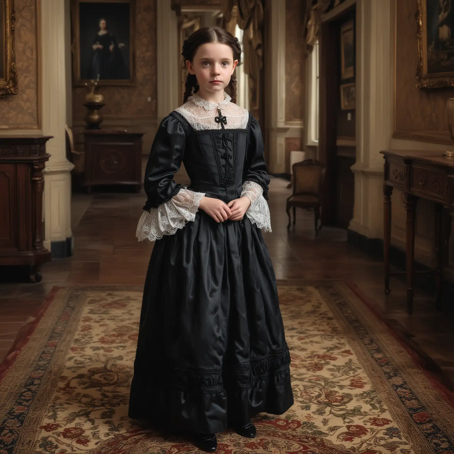 hyper realistic image. full length shot of Margaret O'Brien wearing a Victorian dress located inside castle.