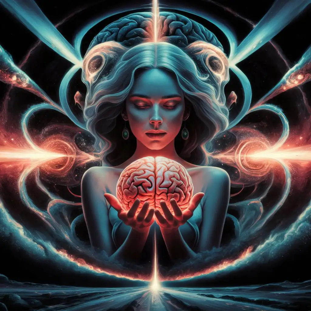 DMT Visionary Art Cosmic Enlightenment with a Beautiful Woman Holding a Brain