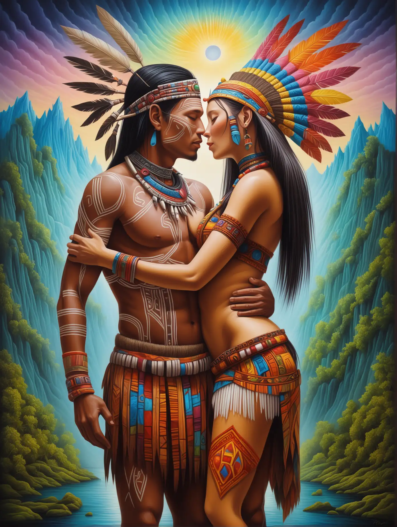create a surreal oil painting of two heterosexual lovers in tribal outfit, capturing intense love in a dream-like setting with vivid details and lifelike realism.
