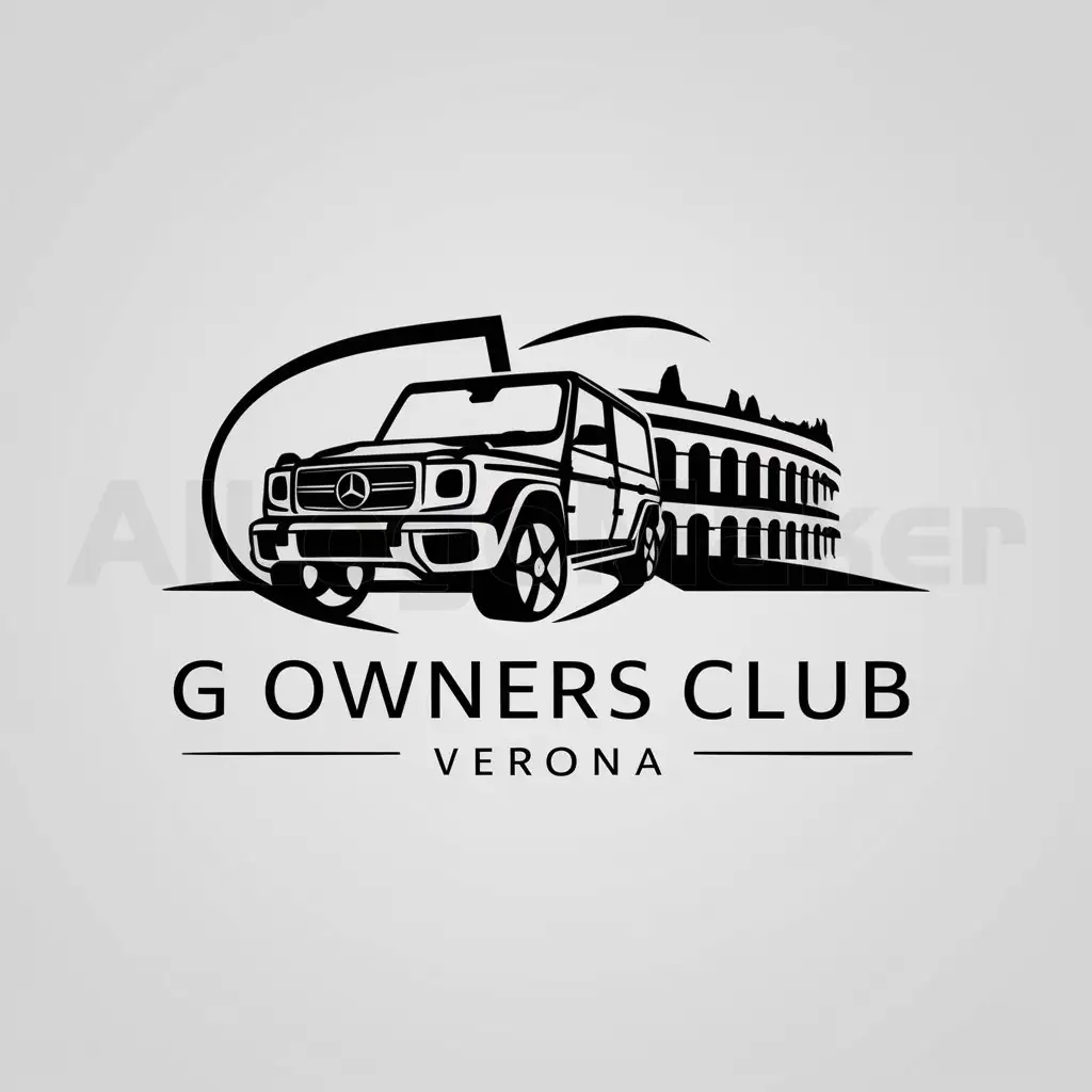 a logo design,with the text "G Owners Club Verona", main symbol:Mercedes G-Class near the Arena of Verona,Minimalistic,be used in Automotive industry,clear background