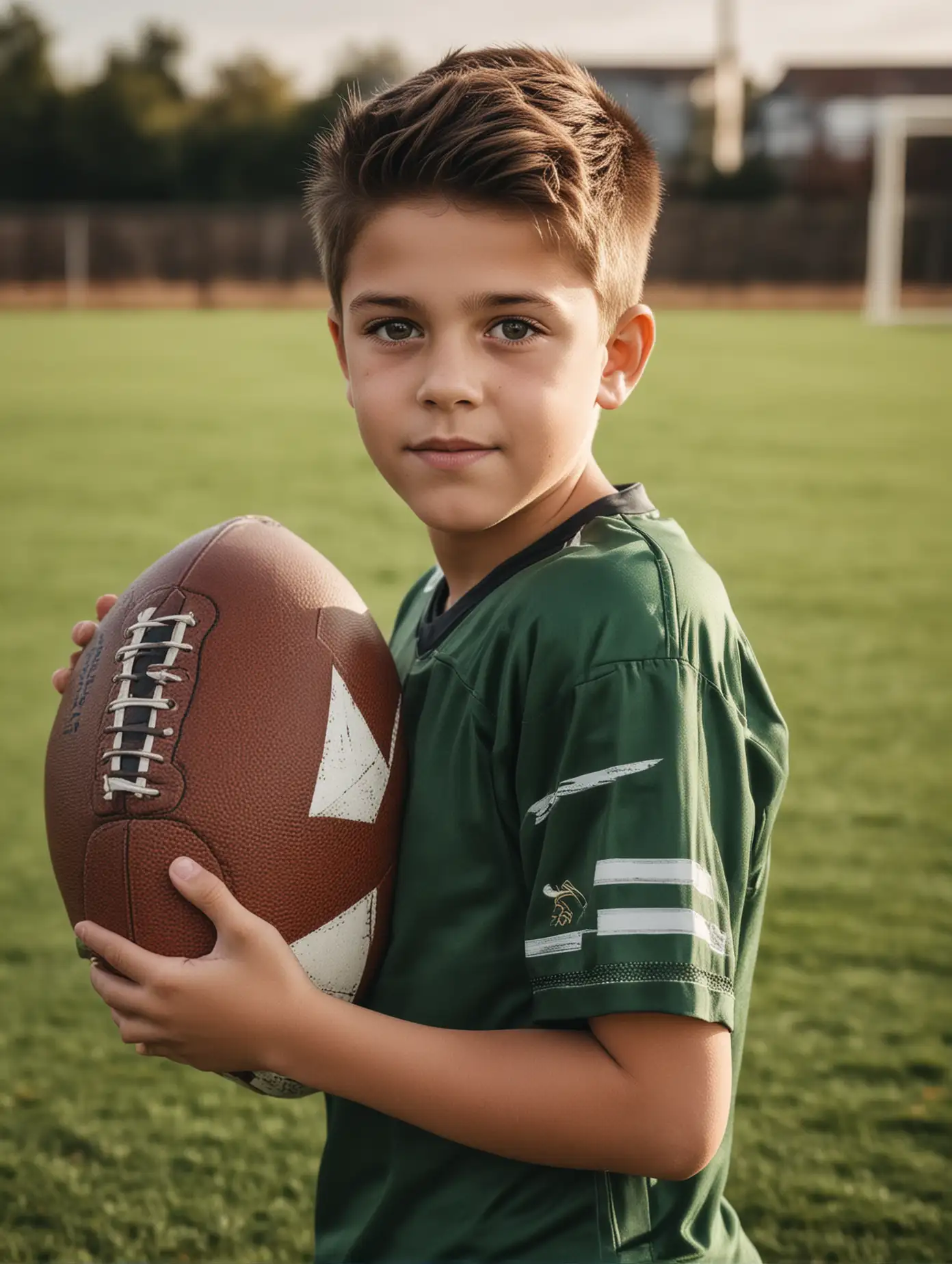 A child of about 12 years old is holding a football, facing the camera, with exquisite facial features, with the football field as the background, professional photography technology