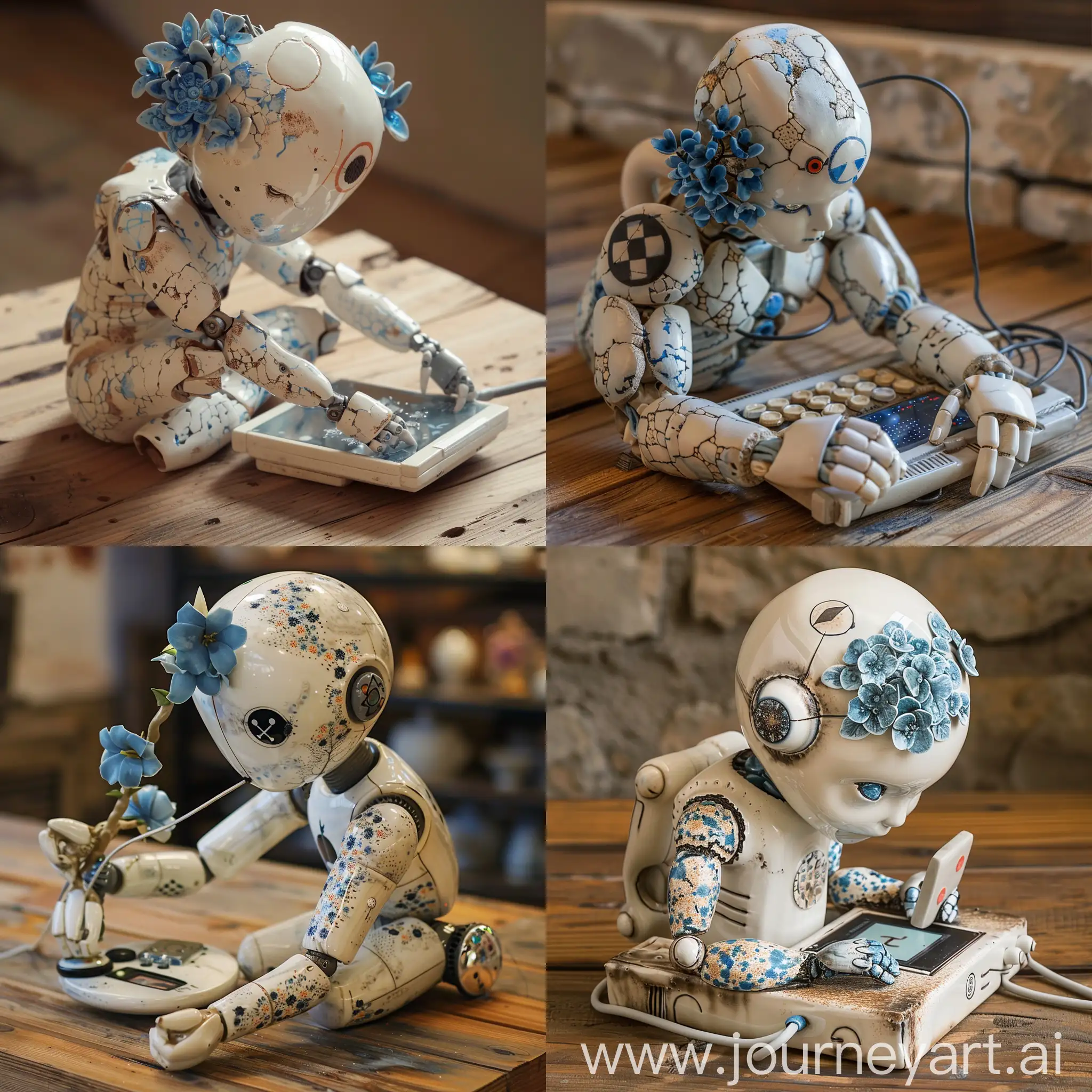 A ceramic and porcelain stone-faced digi humanoid robot with blue flowers and a target on the head working with a digi device on a wooden table.