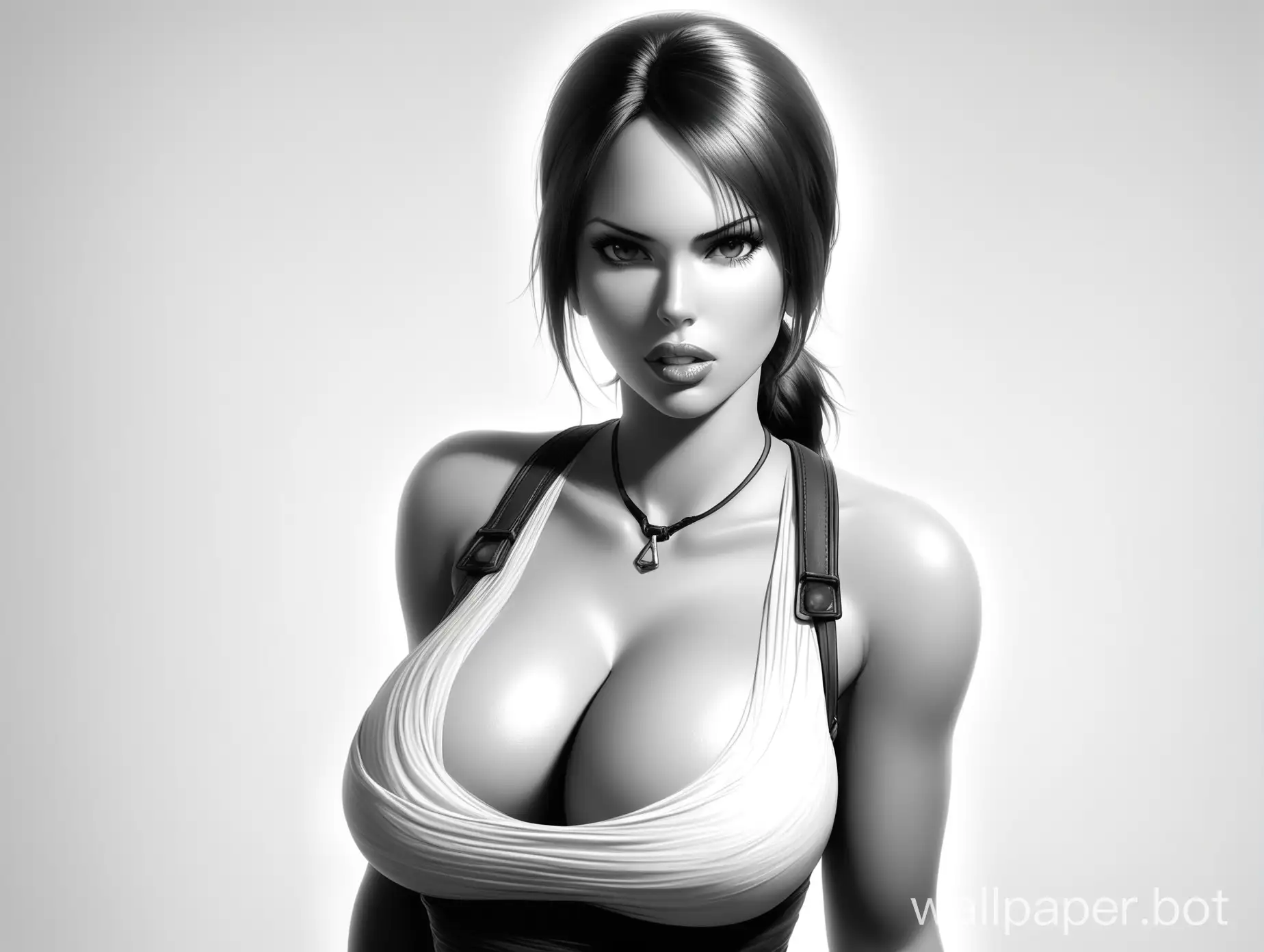 lara croft, big boobs, black and white, white background, full lips, dress