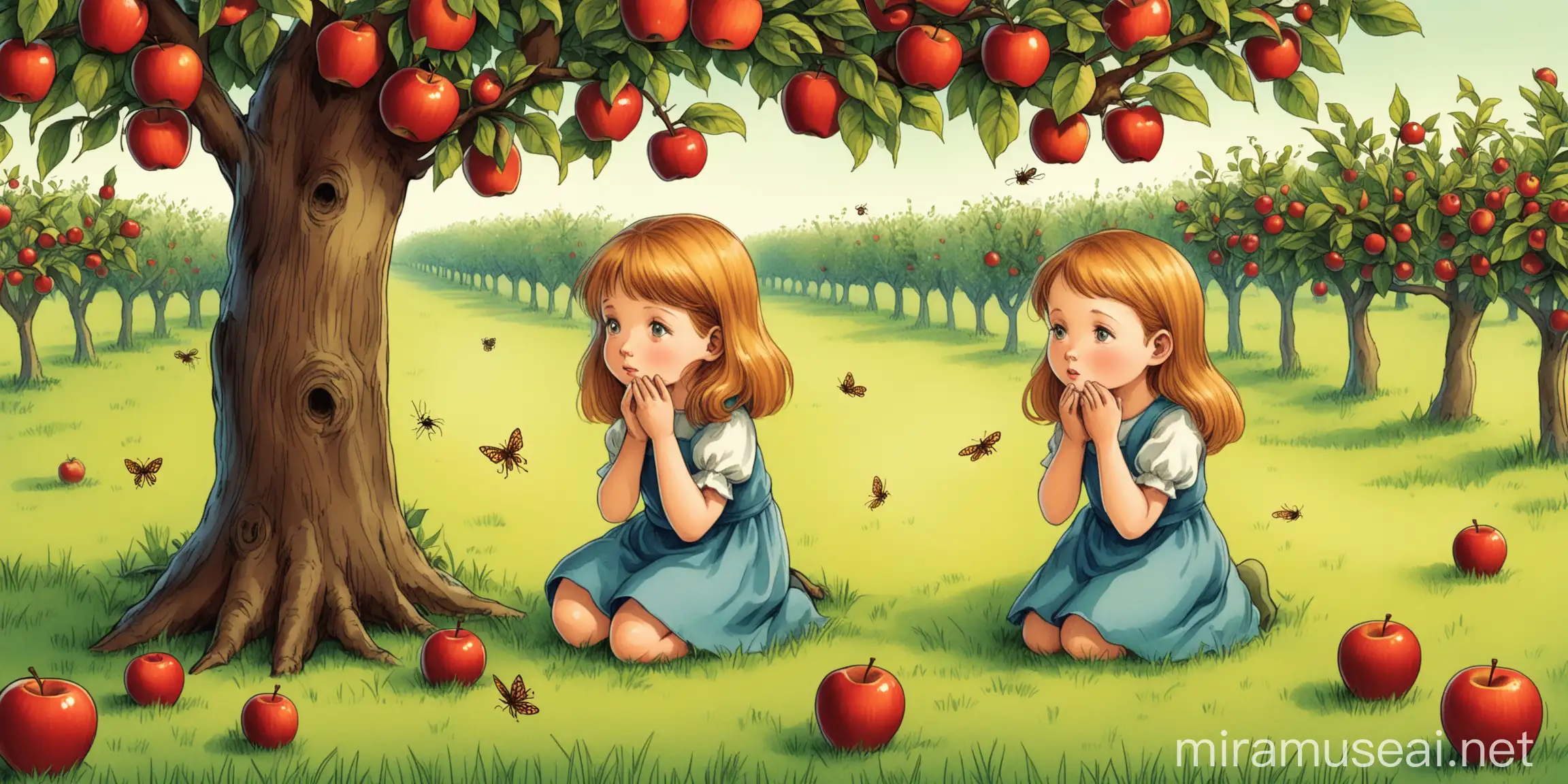a children book style illustration: a girl knees down and listens to the insect singing in the orchard with apple trees.