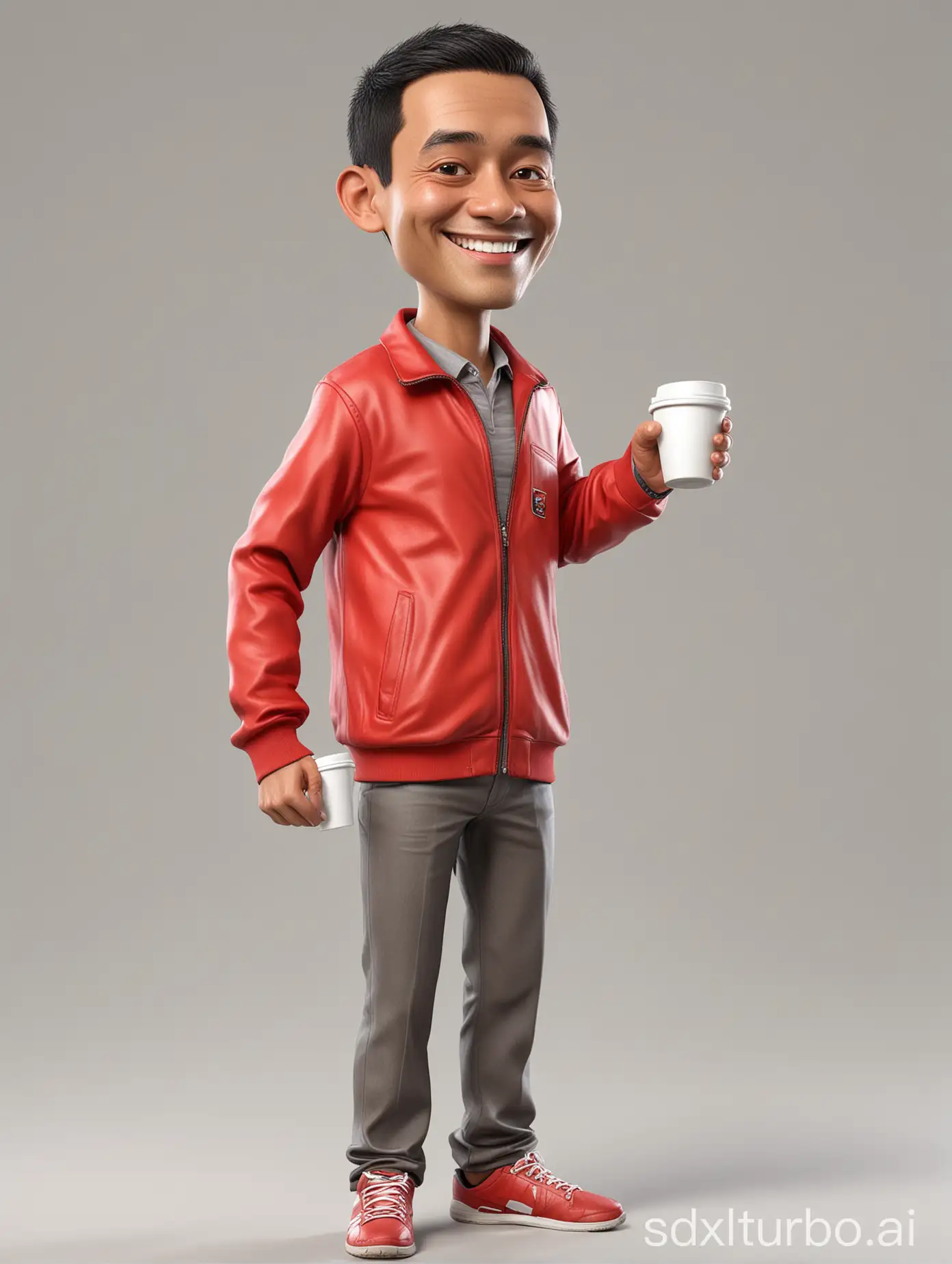 Full body, Caricature of Indonesian man, medium body size, thin hair, smiling expression, standing, holding a cup filled with coffee, wearing a red sport jacket, white background. Big head size. Realistic. 3D. HD