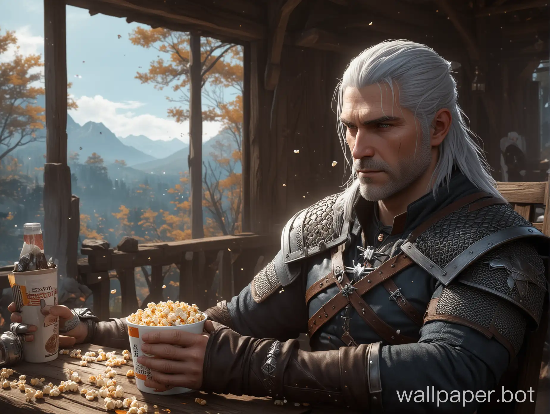 geralt sits at the comp and watches anime in hands popcorn and tea in hands, we can see monitor