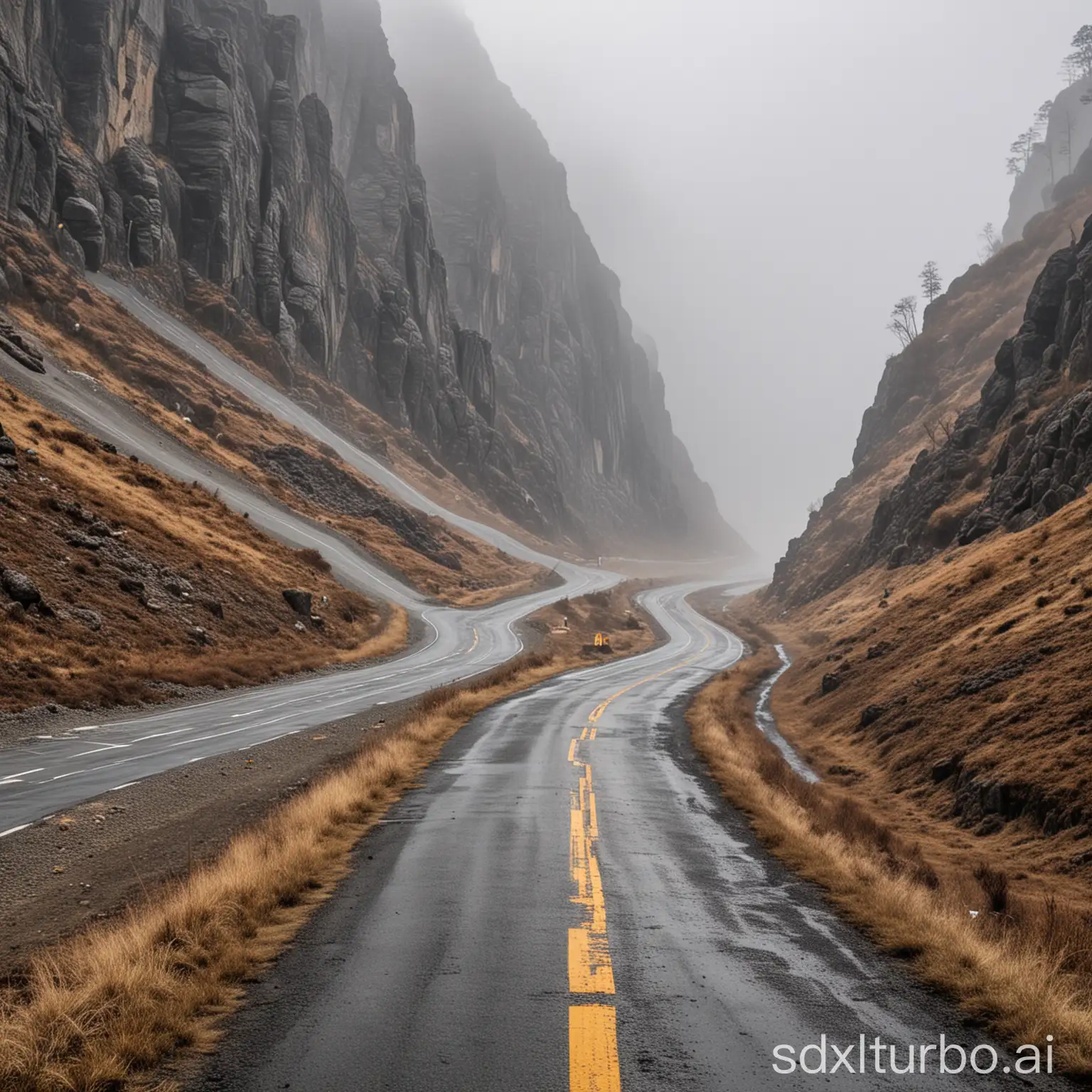 a tar road that leads through mountains and in the middle is interrupted by fog and after the fog can be seen again