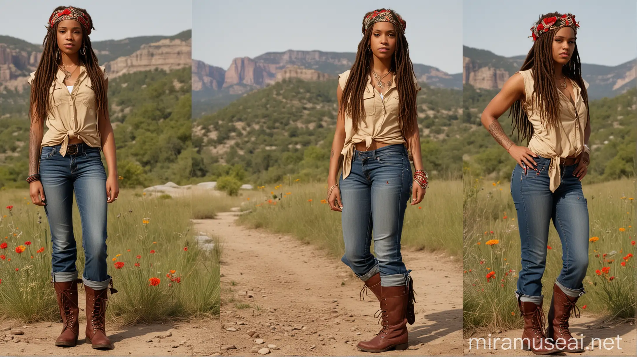 A 29-year-old black woman. She had long dreadlock brown hair, with a scarlet satin paisley flowers print headband. Has a muscular body, dark eyes and tattoos on arms. She wore a khaki tie front sleeveless shirt, denim bermuda with a sheath on her waist, hiking leather boots, and a golden necklace. She carries an determination and distrustful aura. Full-body model