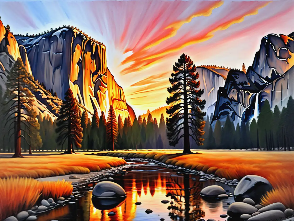 Vibrant Sunset Landscape Painting of Yosemite National Park
