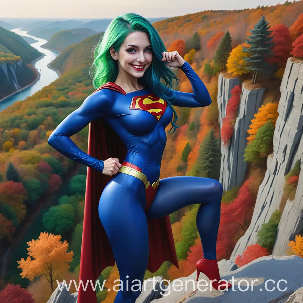 Supergirl-with-UltraLong-Legs-Smiling-on-Cliff-Edge-in-Autumn-Forest