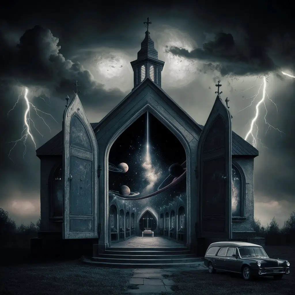 Sinister chapel
Chapel doors are open
3D cosmos inside chapel
Thunderclouds above
Lightning
Hearse parked in front