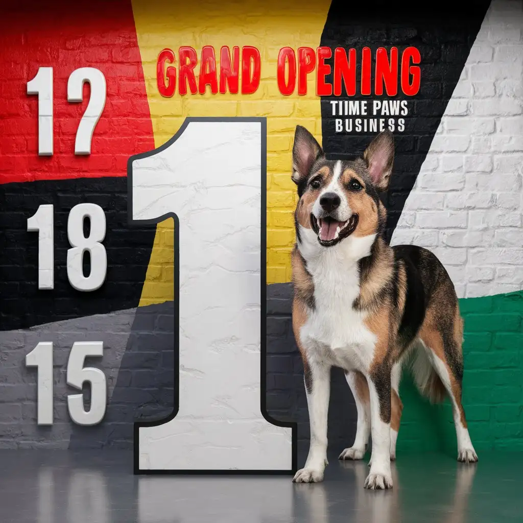 create a countdown for the opening of the business called time paws for posting, start with number 1, use a dog that will stand beside number 1, the color theme is red, yellow, black grey, white and green