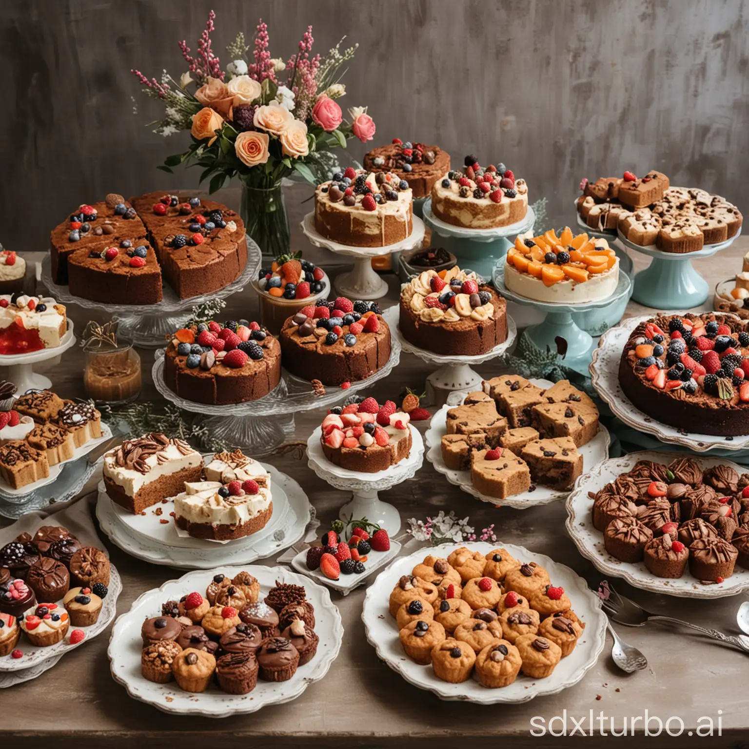 A table filled with a variety of sugar-free desserts, such as cakes, cookies, and brownies. The desserts are all beautifully decorated and look delicious.