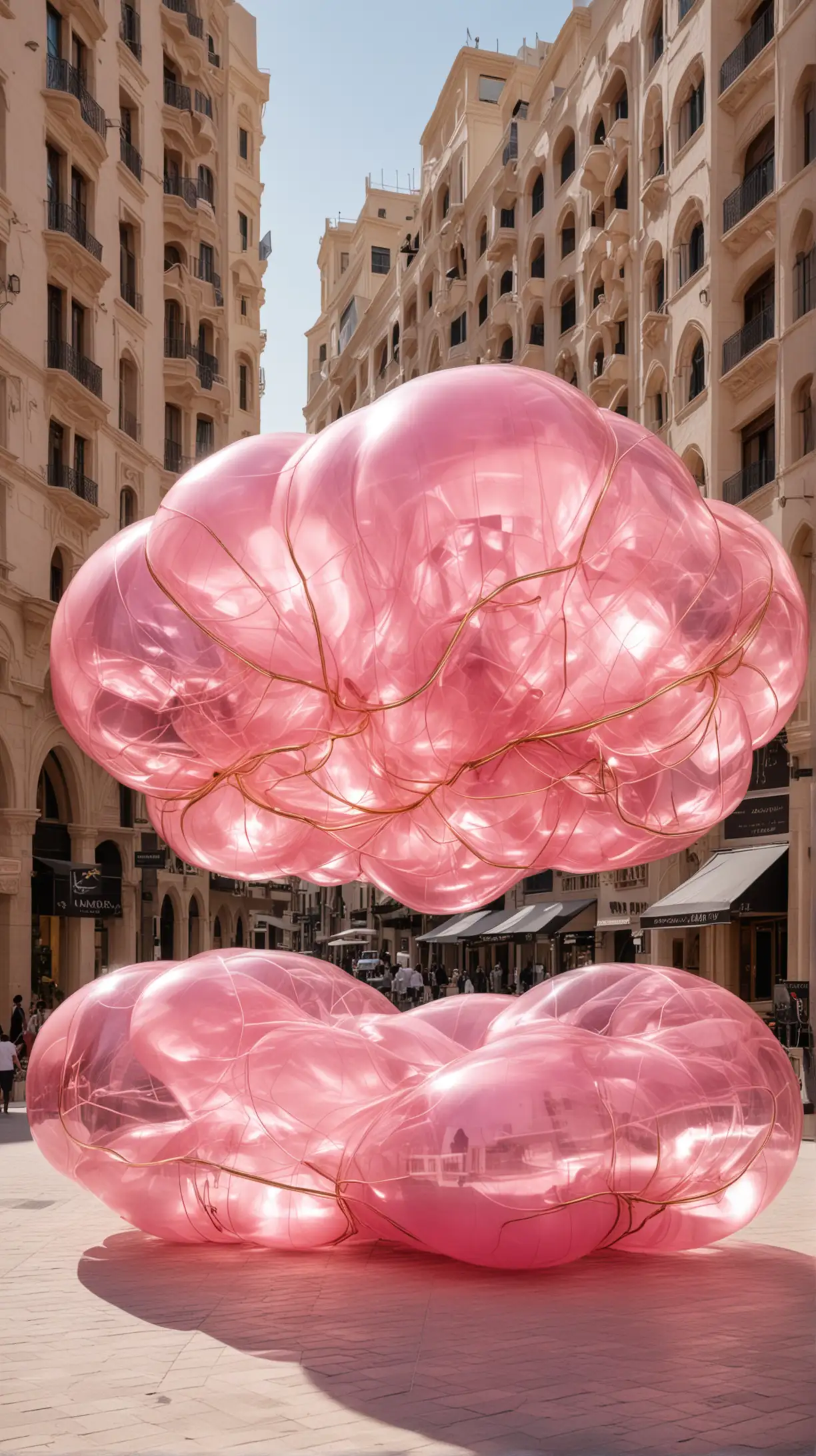 Pink Gold Inflatable Cloud Sculpture in Zaha Hadid Style Dubai Street