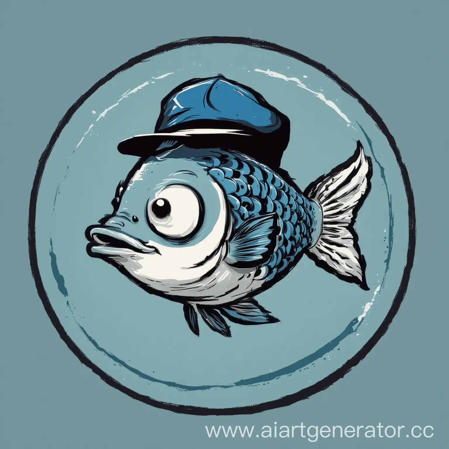 логотип, рыба в мультяшном стиле с черной фуражкой на голове в круге с голубым фоном