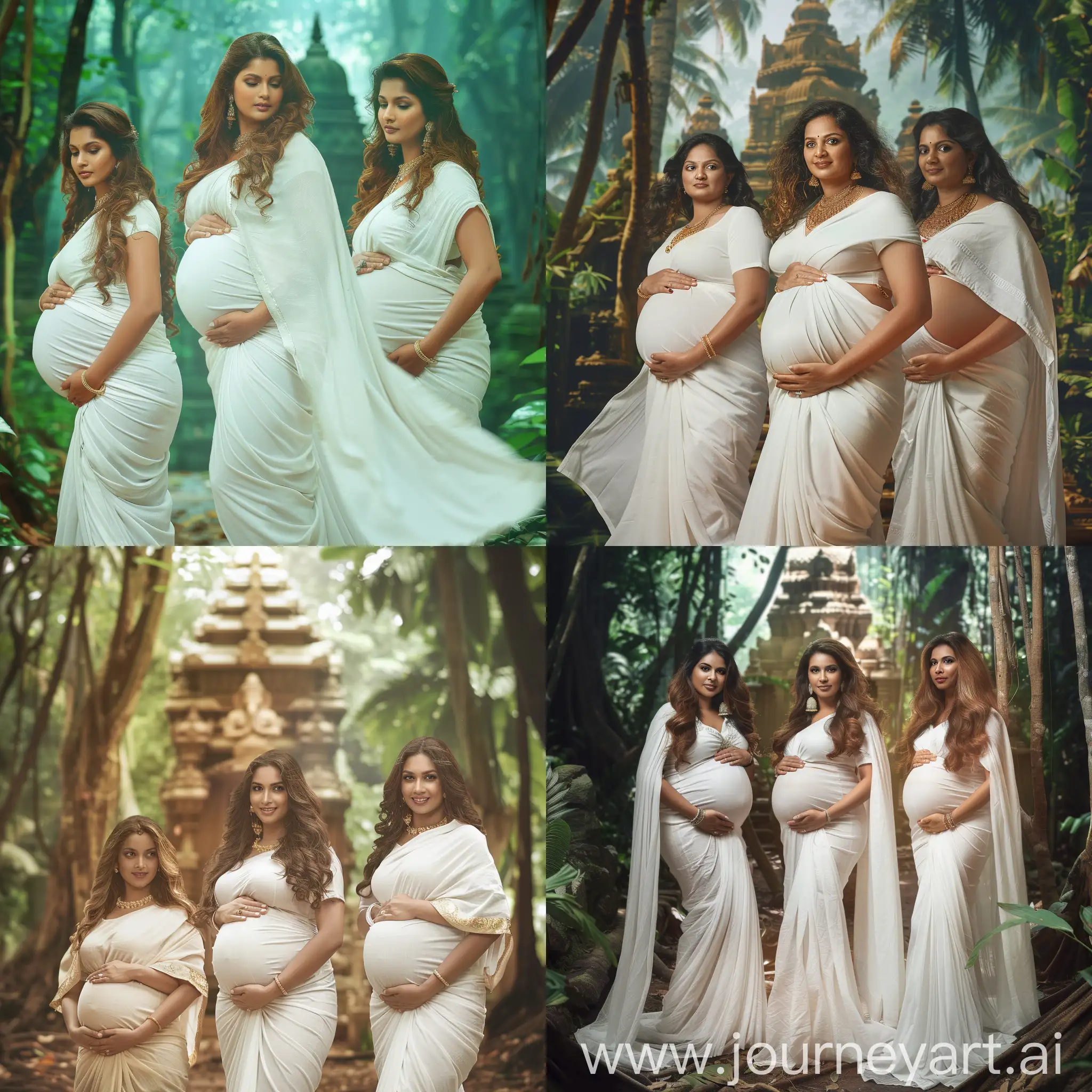 a stunning photograph of three pregnant Malayali women, beautiful, curvy, natural, wheatish skinned, wearing a white Kerala saree, Kerala exotic jungle temple background, hd, 4k resolution, professional photography, RAW photo, high quality, waist shot