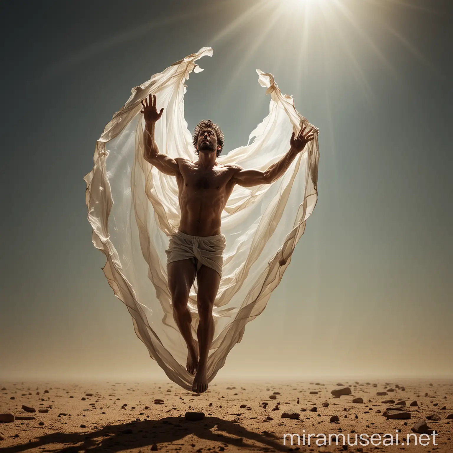 /imagine A man emerging from a semi-transparent cocoon, symbolizing transformation and recovery from addiction. The cocoon is suspended in mid-air, with delicate, fibrous textures that make it look both fragile and resilient. Inside the cocoon, the man's silhouette is visible, showing his determined effort to break free. His hands, adorned with scars of struggle, are reaching towards the light, fingertips almost grazing the edge of freedom. One foot has already broken free, its toes curling in anticipation on the edge of the cocoon's surface. His body is in a dynamic pose, leaning forward with a sense of urgency and momentum. His face is a mix of concentration and hope, eyes fixed on the bright horizon of possibility. The scene is illuminated with dramatic, directional lighting coming from the top right corner, casting strong, dynamic shadows and highlighting the man's form and wings. Use a hyper-realistic style with detailed textures and vibrant colors. The overall composition should evoke a sense of rebirth, hope, and liberation. Add a cinematic feel with a slight vignette effect to draw focus on the man and the cocoon. Ensure the aspect ratio is 16:9 for a widescreen presentation. --v 5 --ar 16:9 --q 2 --hd