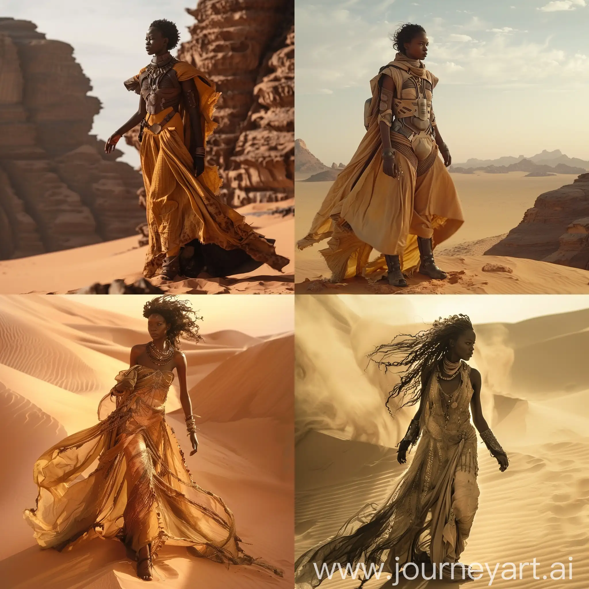 девушка афро внешности стоит в пустыне в пещаном платье по мотивам фильма "Дюна"