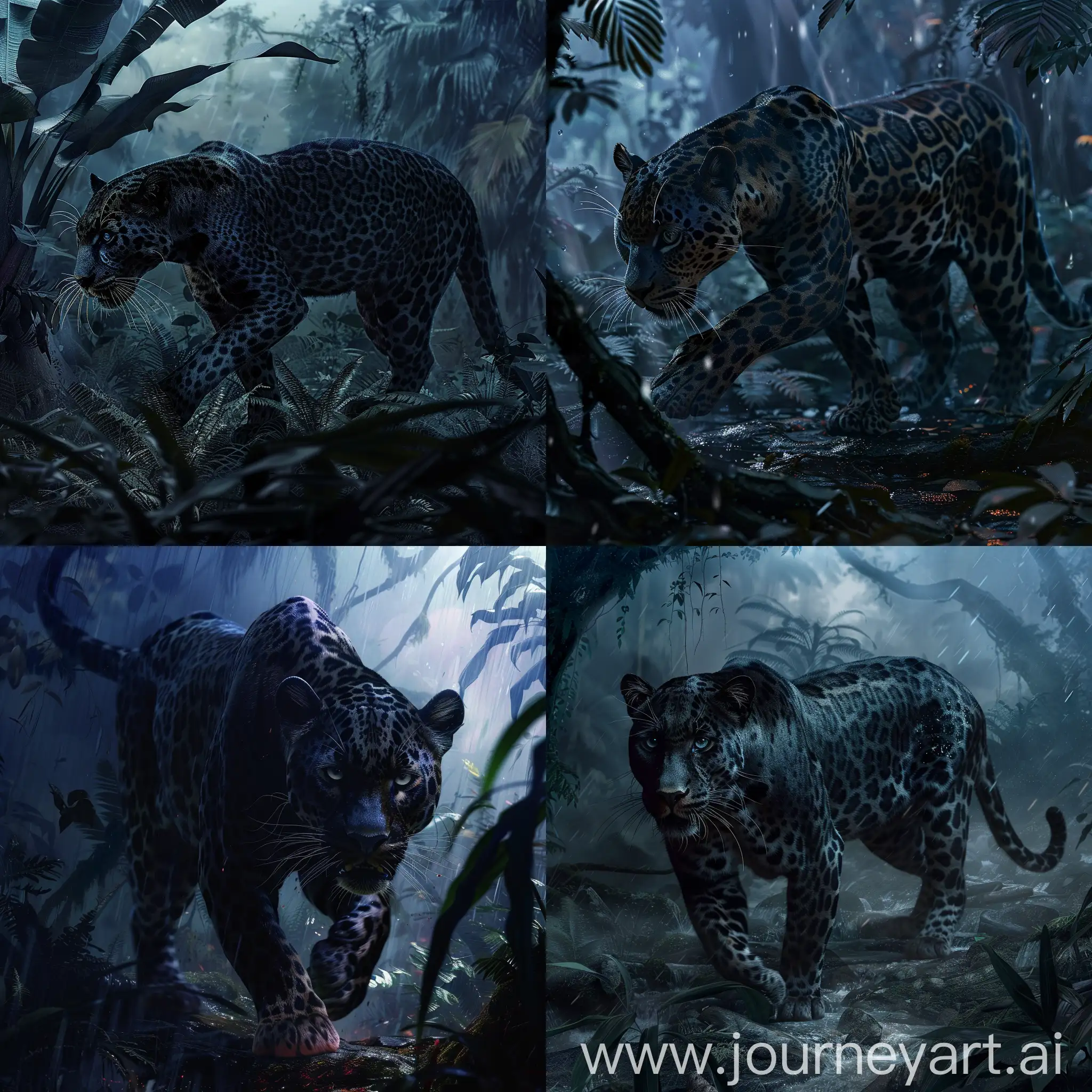 A sleek and stealthy panther, captured in ultra fine detail as it prowls through a dark and stormy jungle. The post-production color grading enhances the panther's natural beauty, while the deep shadows and shimmering reflections add an air of mystery and danger
