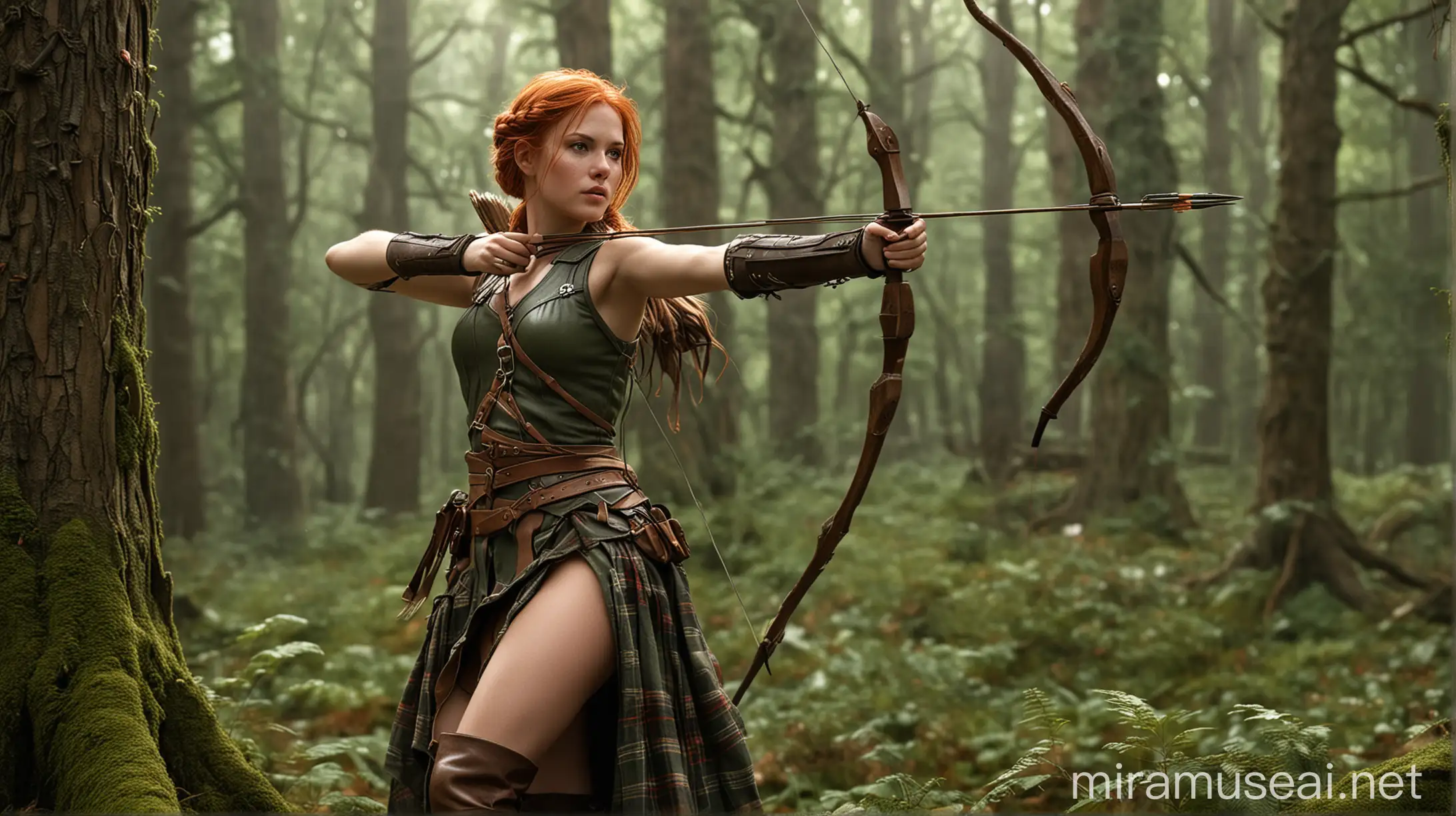 Render a highly realistic image set in a moody, primordial forest - towering trees with twisting branches, dense foliage evoking untamed wilderness, and dappled lighting filtering through creating an otherworldly atmosphere.
Within this enchanted forest scene, include a red-haired Caucasian archer woman with long, straight fiery red hair flowing freely down her back with intricate braids woven throughout. She has striking features - piercing green eyes, a strong defined jawline, full lips set in determination, fair skin with a warm rosy tone and freckles across her nose and cheeks.
Dress her in a sleeveless tan leather tunic cinched with a belt, arm bracers, weathered brown breeches tucked into knee-high boots, with a quiver of arrows strapped across her back. Pose her in a shooting stance, left arm extended holding a longbow horizontally, right hand drawing the bowstring back with an arrow nocked and aimed at her target.
Her target should be an upscale green designer purse atop a tan dog bed nestled between tree roots. Directly behind, a brown/green upright vacuum leaning on the tree trunk.
Also incorporate a closed, leather-bound antique book on the forest floor, aged pages ruffling slightly. Optional elements: brass lantern, steaming mug, plaid wool blanket over a mossy log.
Render all elements together cohesively in one finely detailed mystical forest setting capturing the archer, curated inventory and enchanted atmosphere.