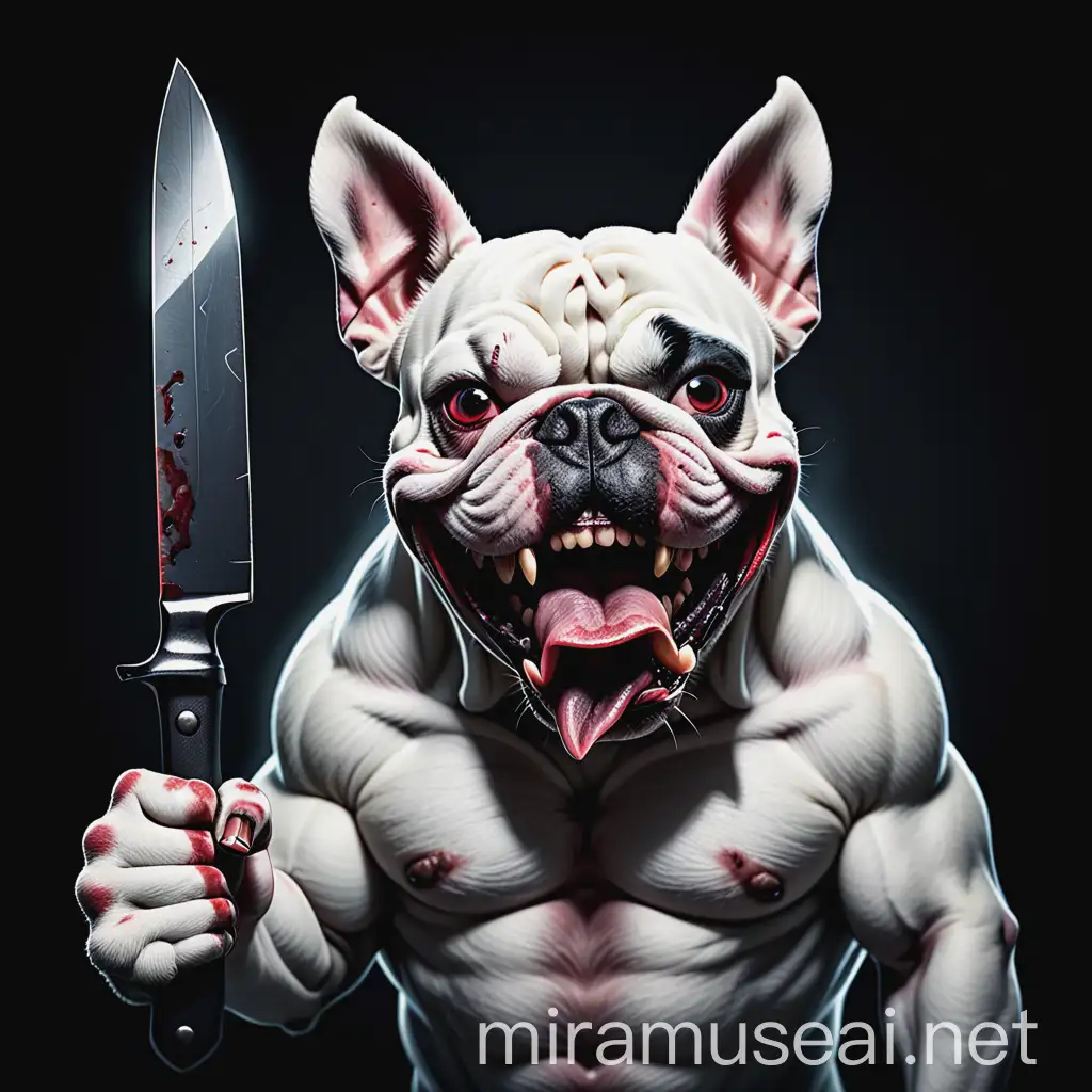 evil dog bulldog humanized in darkness with a devilish smile with a knife in his paw