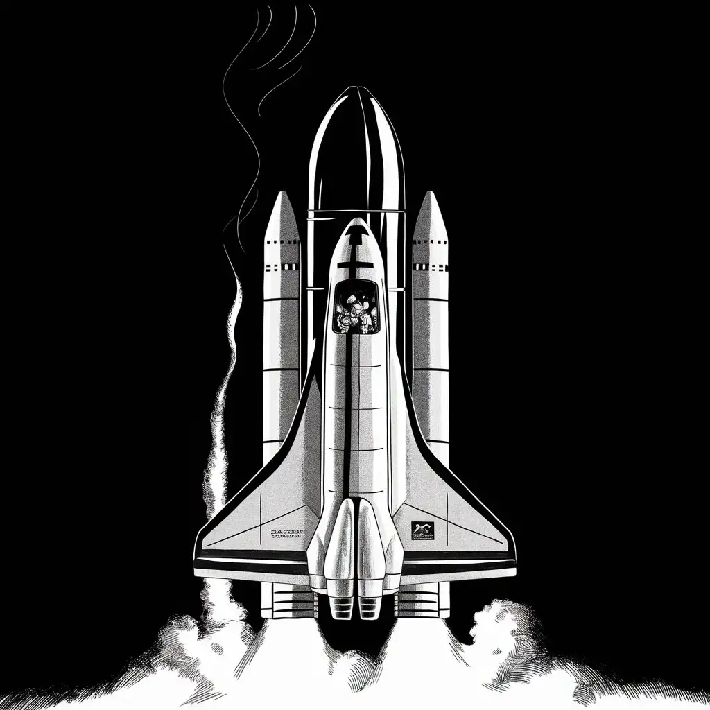 illustration of a space shuttle, black and white, black background