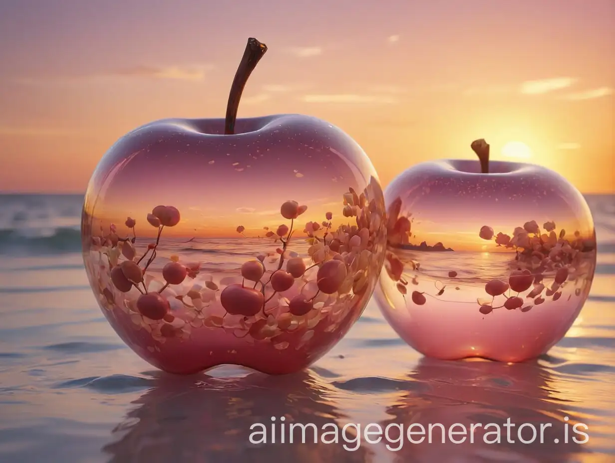 Lovely double exposure image of sunset sea and glass apples blending together. Sunset glow underlying background, detail artfully used as smooth glass apple, sharp focus, double exposure, glossy glass apple, (translucent glass apple illustration) (inside sunset glow) expressing happy times, glass apple, light pink, complex Design, ultra-realistic, high-definition, detailed, sunset softbox image, ray tracing, film, HDR, photorealism